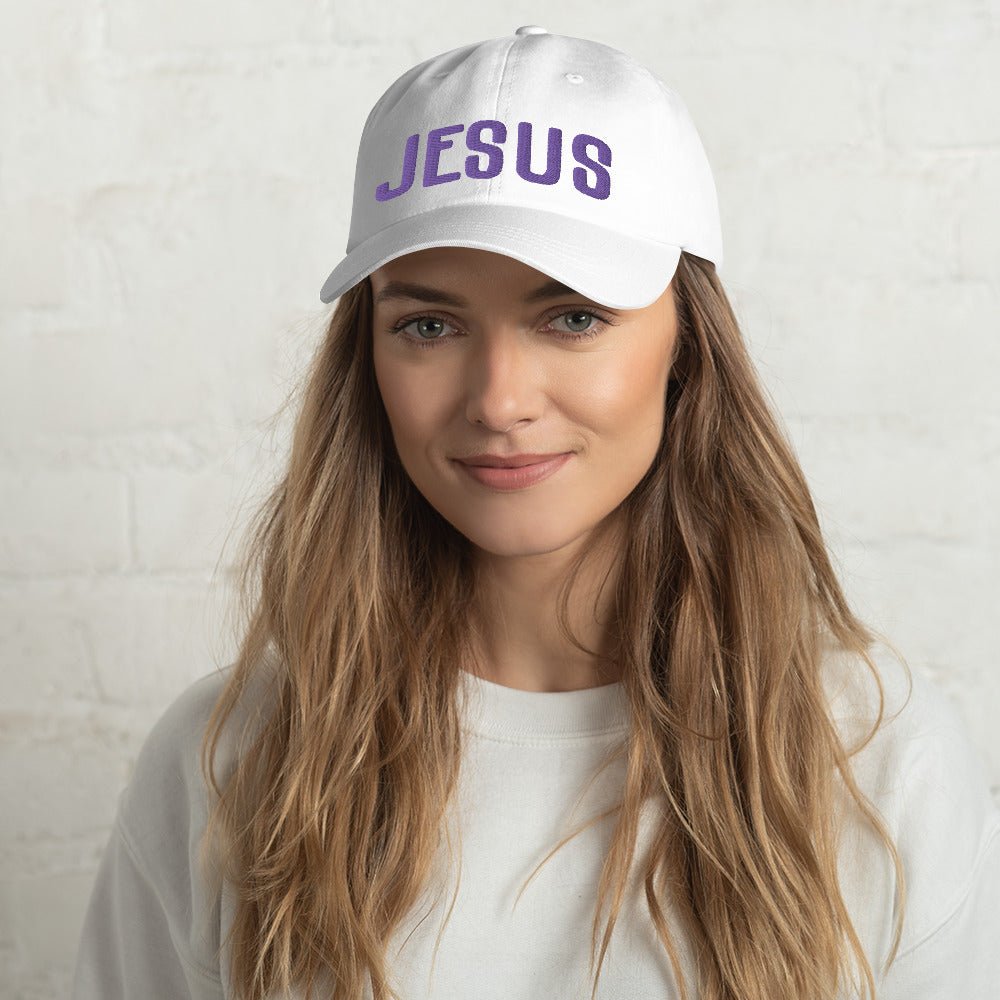 Jesus Classic Dad's Cap - White with Purple Embroidery - Jesus Passion Apparel