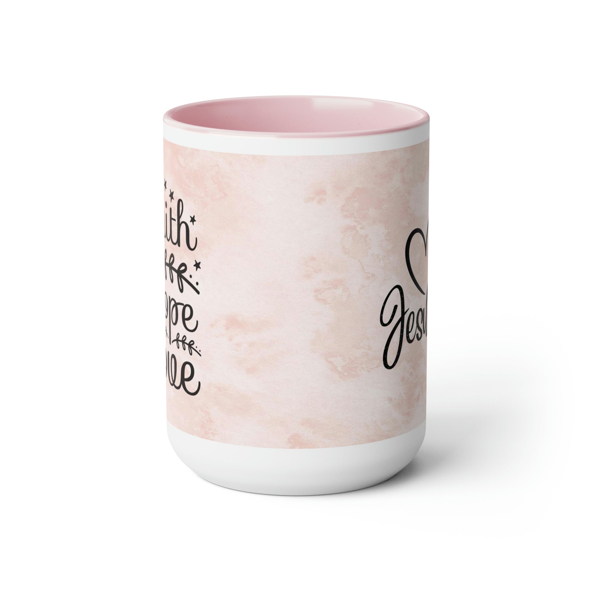 Jesus Faith Hope Love Pink and White Two - Tone Coffee Mug, 15oz - Jesus Passion Apparel