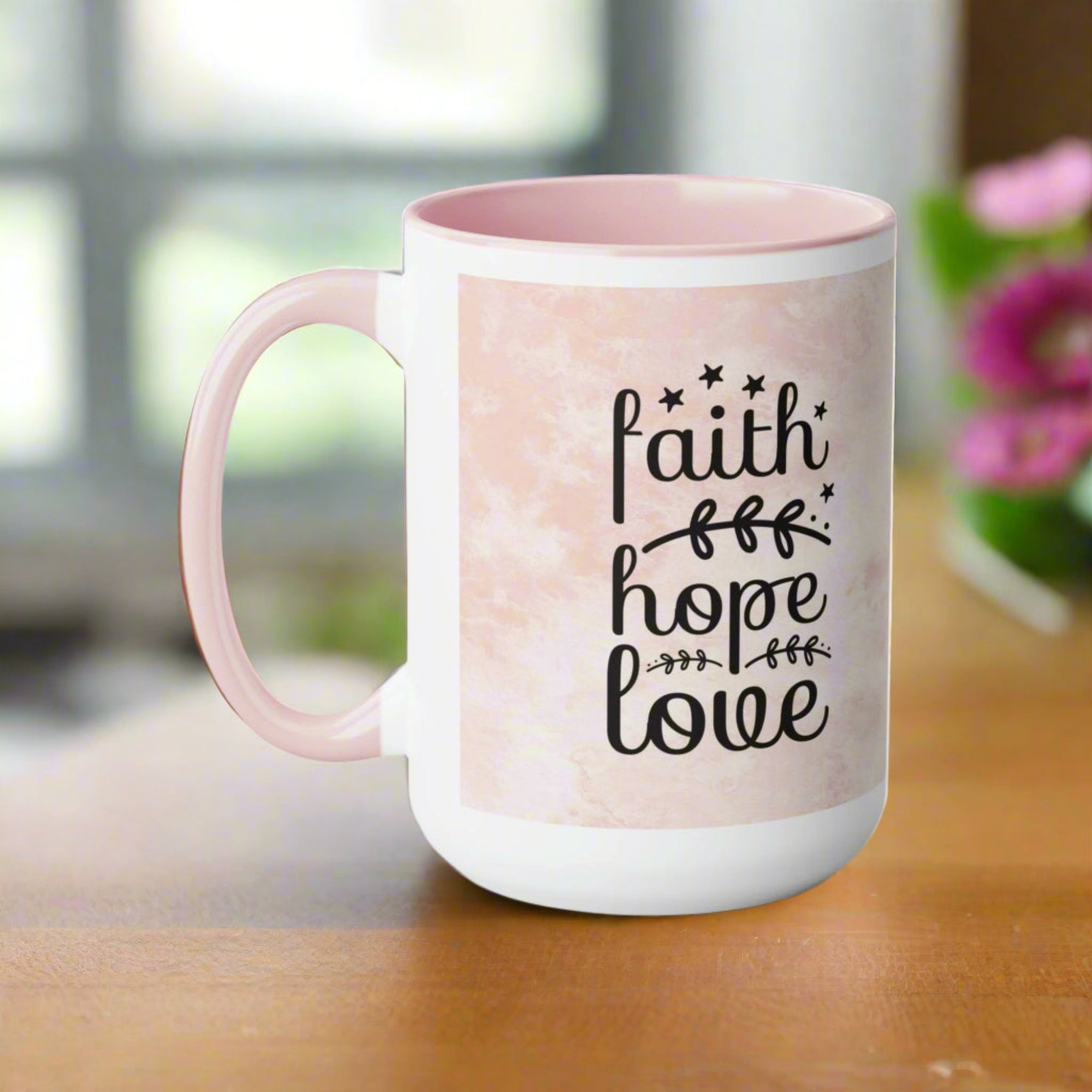 Jesus Faith Hope Love Pink and White Two - Tone Coffee Mug, 15oz - Jesus Passion Apparel