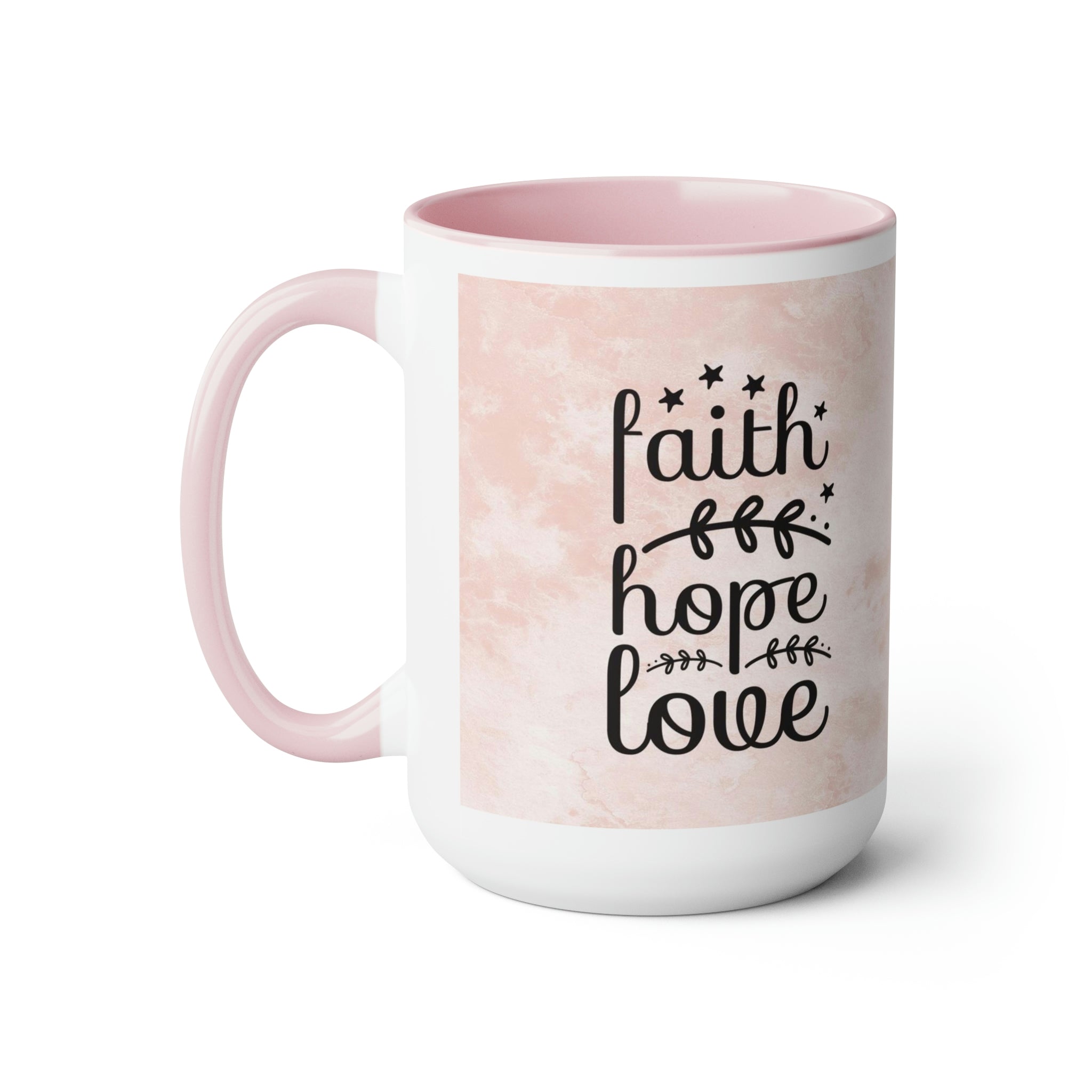 Jesus Faith Hope Love Pink and White Two - Tone Coffee Mug, 15oz - Jesus Passion Apparel