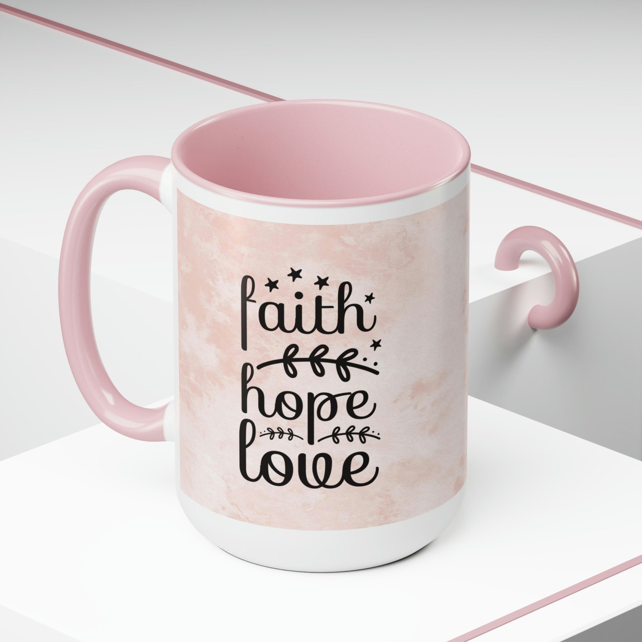 Jesus Faith Hope Love Pink and White Two - Tone Coffee Mug, 15oz - Jesus Passion Apparel