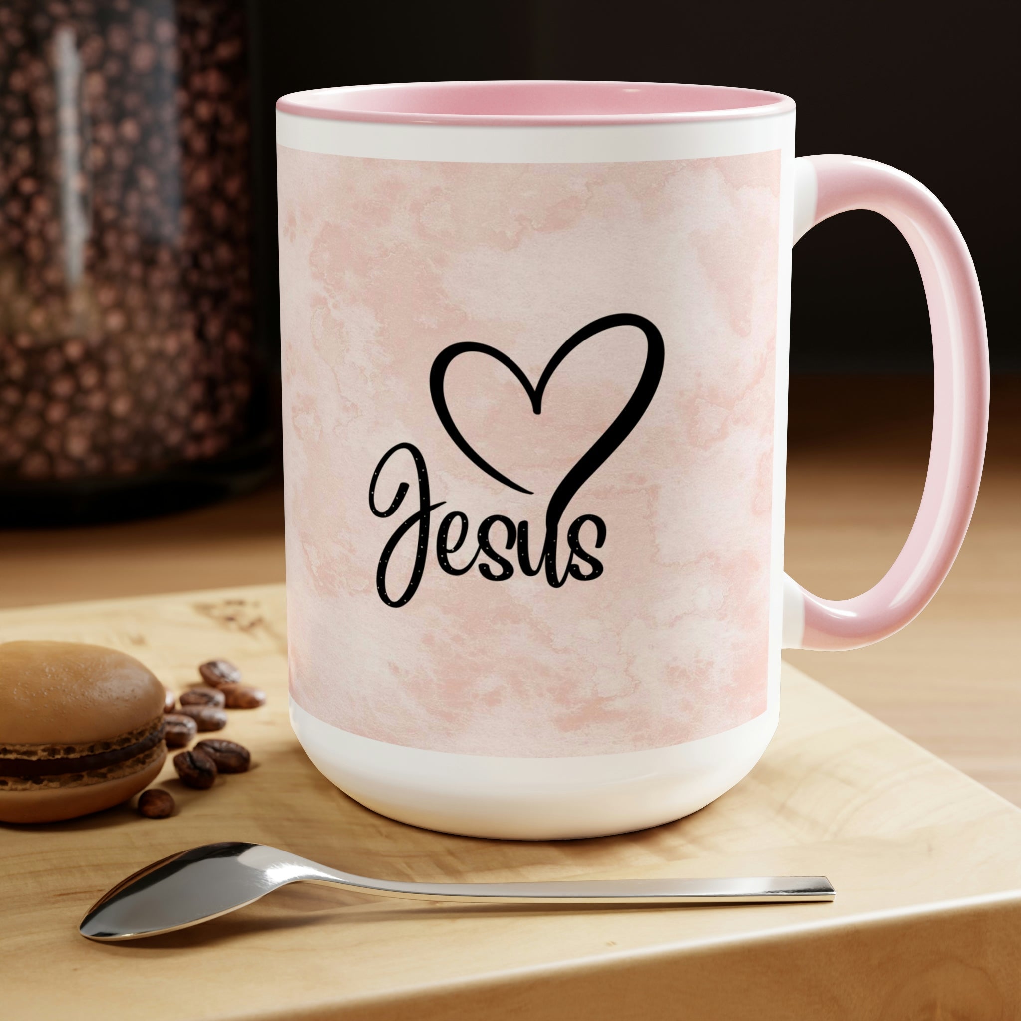 Jesus Faith Hope Love Pink and White Two - Tone Coffee Mug, 15oz - Jesus Passion Apparel