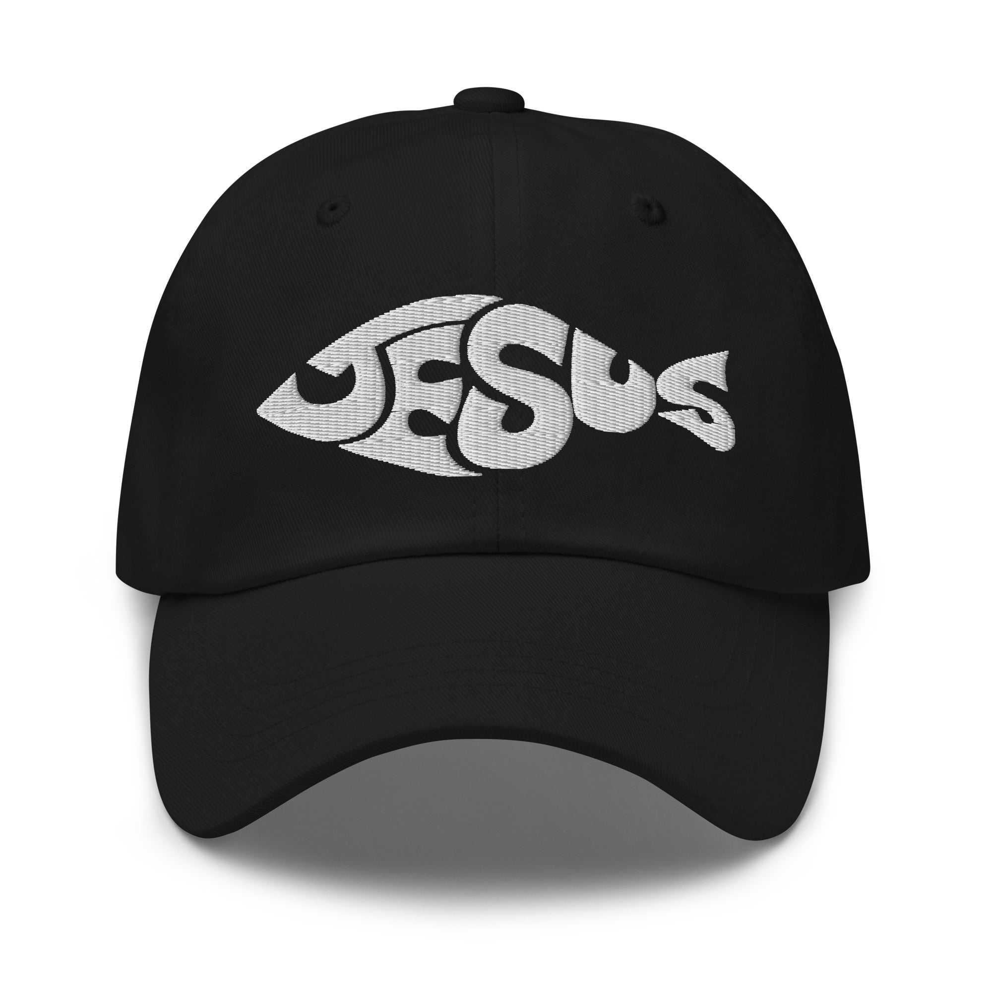 Jesus Fish Shape Classic Dad's Cap - Black with White Embroidery - Jesus Passion Apparel