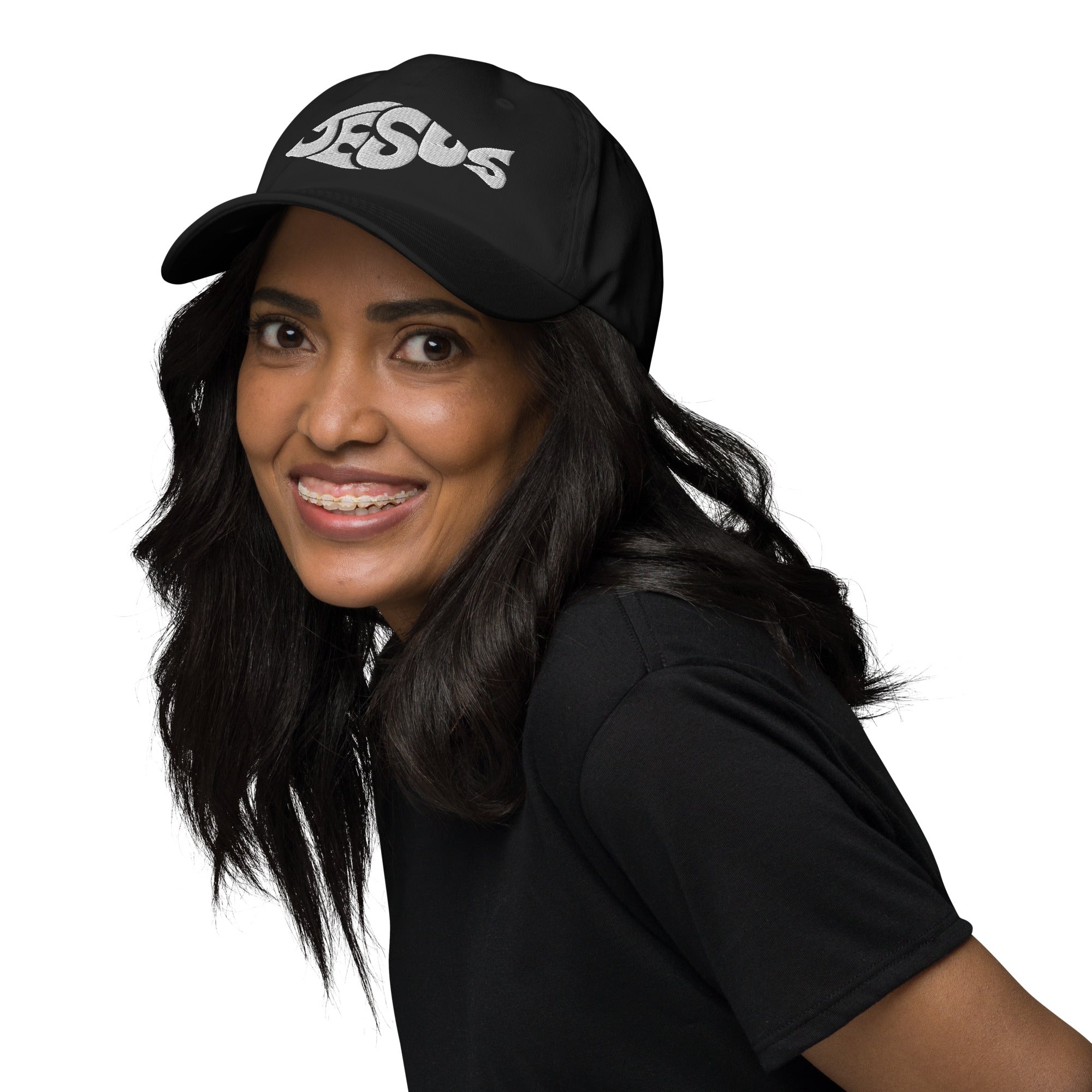 Jesus Fish Shape Classic Dad's Cap - Black with White Embroidery - Jesus Passion Apparel