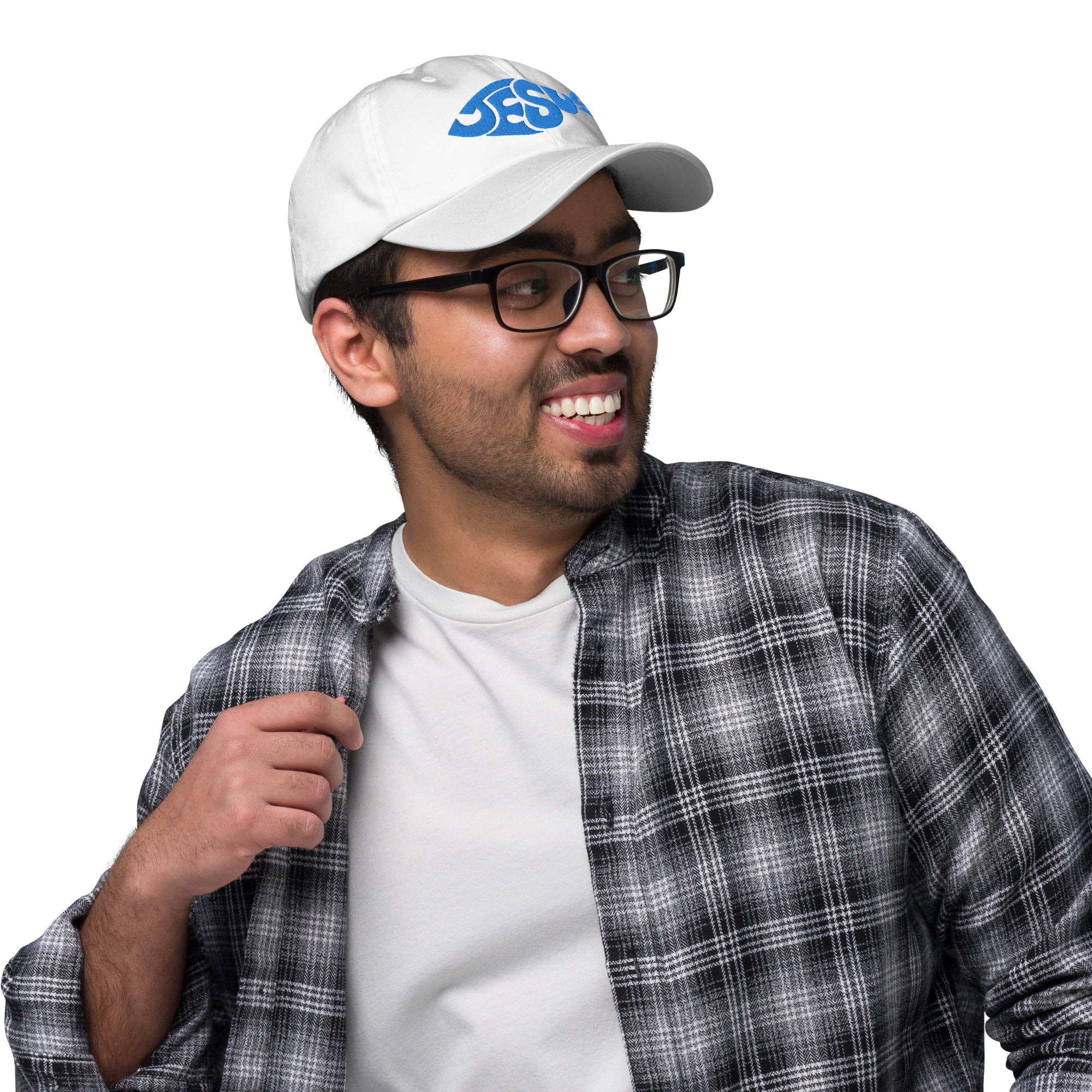 Jesus Fish Shape Classic Dad's Cap - White with Blue Embroidery - Jesus Passion Apparel