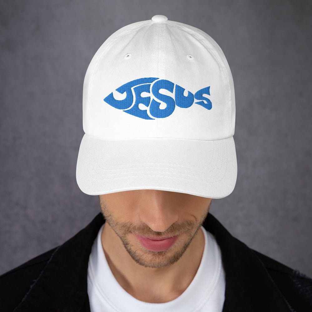 Jesus Fish Shape Classic Dad's Cap - White with Blue Embroidery - Jesus Passion Apparel