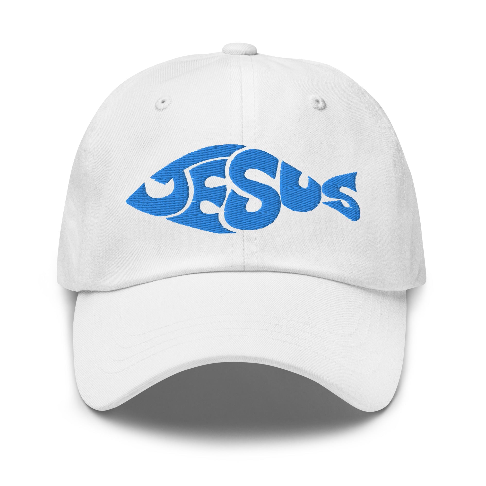 Jesus Fish Shape Classic Dad's Cap - White with Blue Embroidery - Jesus Passion Apparel