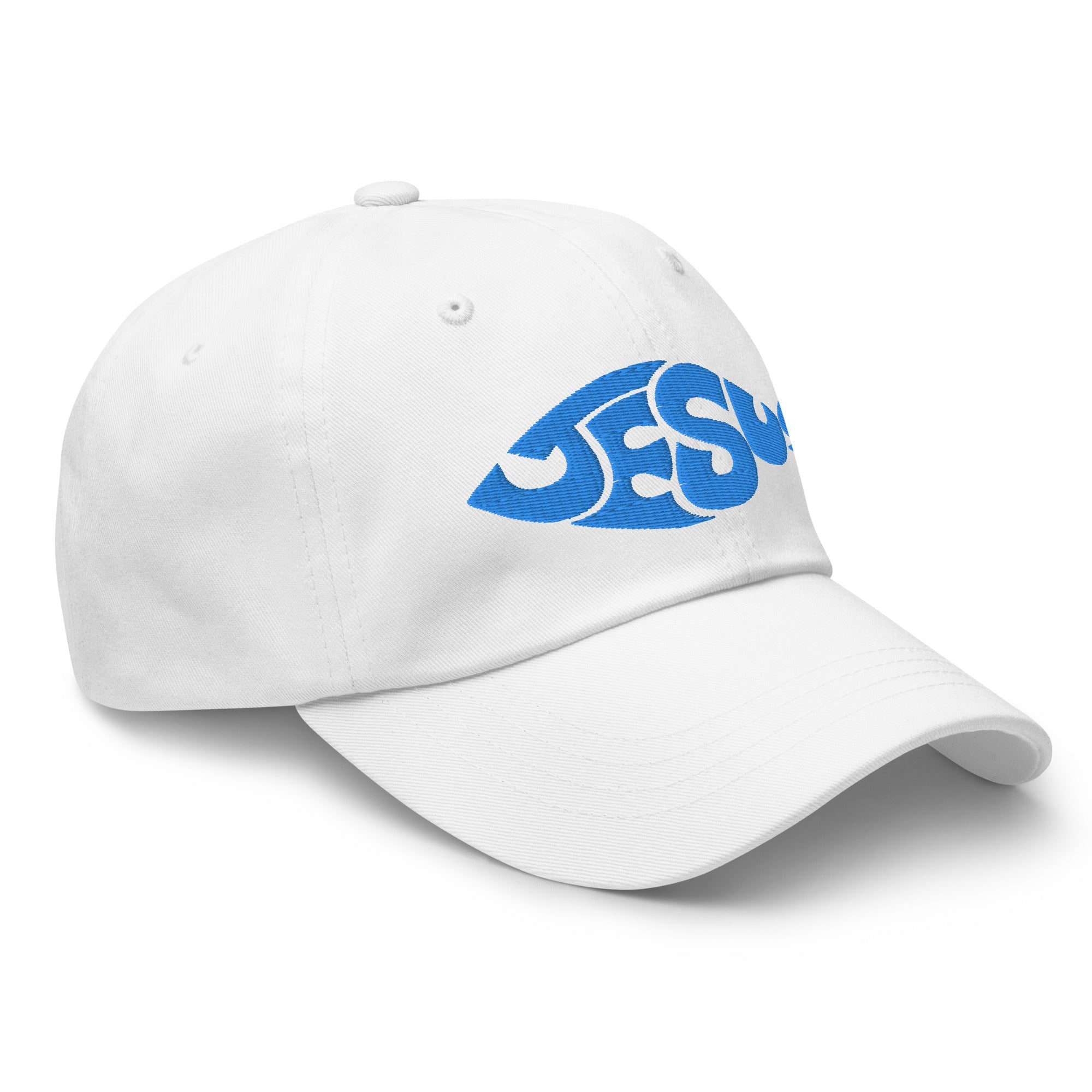 Jesus Fish Shape Classic Dad's Cap - White with Blue Embroidery - Jesus Passion Apparel