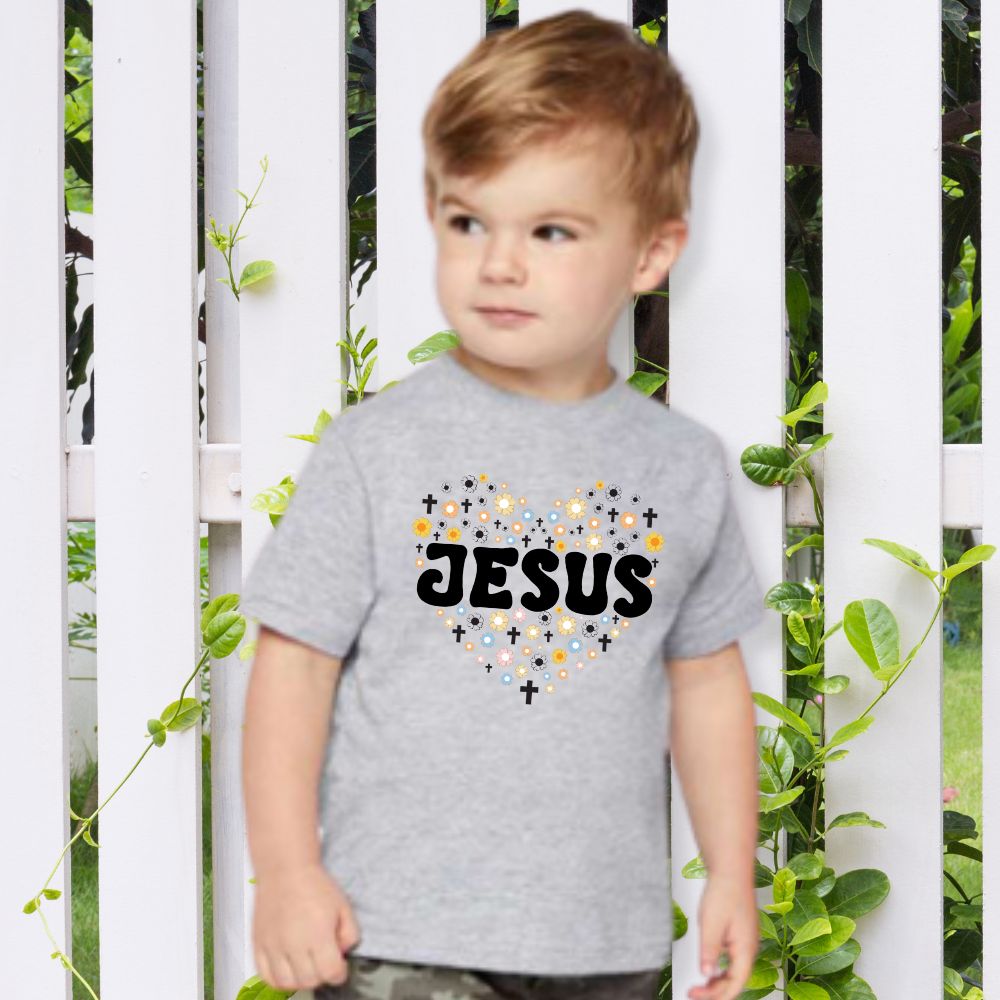 Jesus Heart Flowers and Crosses Toddler's Fine Jersey Tee - Jesus Passion Apparel