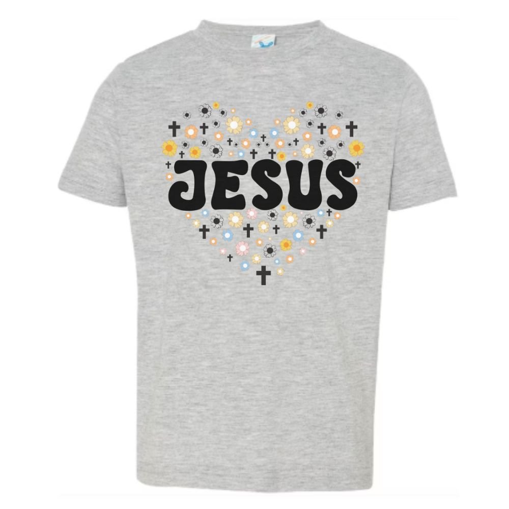 Jesus Heart Flowers and Crosses Toddler's Fine Jersey Tee - Jesus Passion Apparel