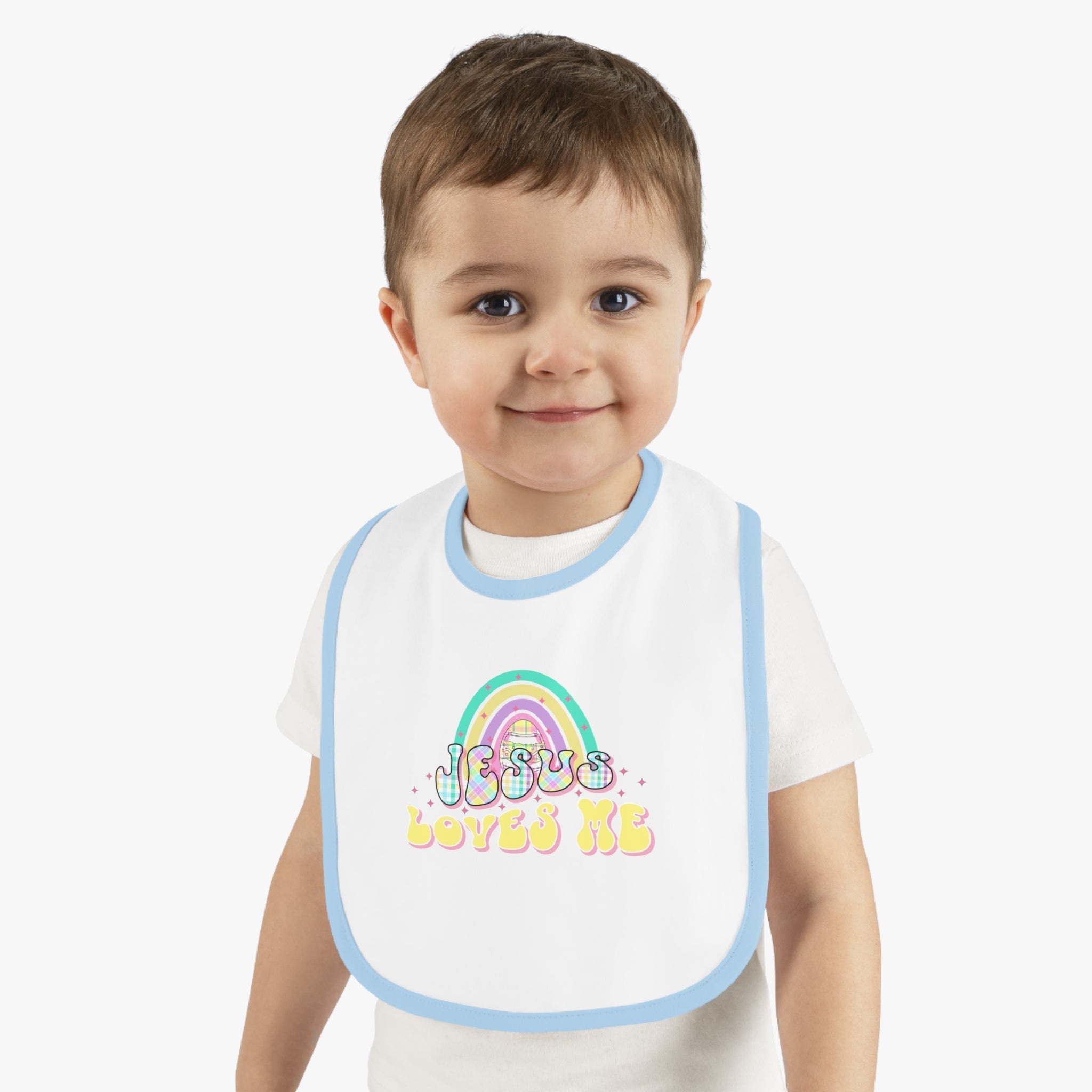 Jesus Loves Me Retro Pastel Plaid Baby Jersey Bib - Jesus Passion Apparel