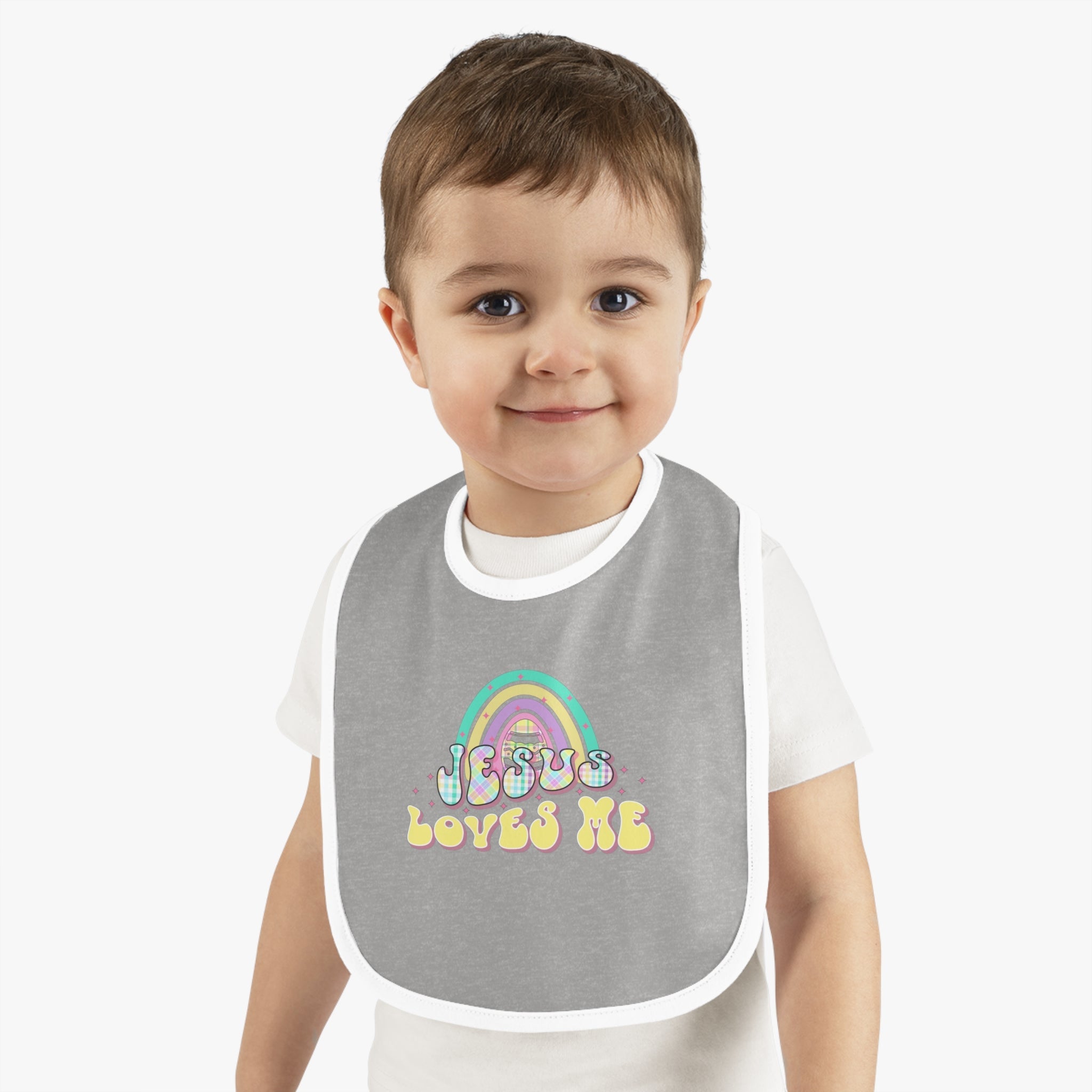 Jesus Loves Me Retro Pastel Plaid Baby Jersey Bib - Jesus Passion Apparel