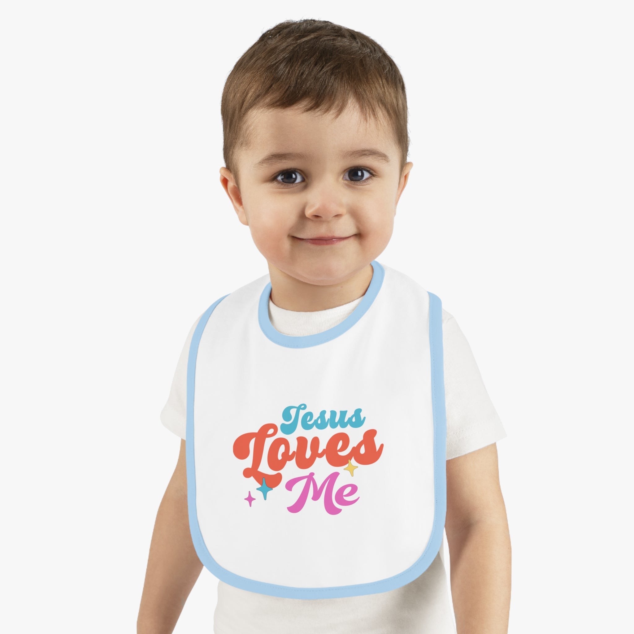 Jesus Loves Me Retro with Stars Baby Jersey Bib - Jesus Passion Apparel