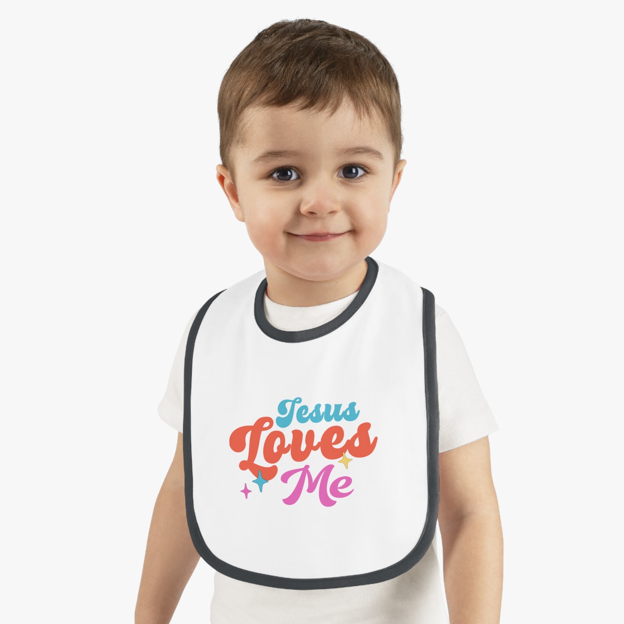 Jesus Loves Me Retro with Stars Baby Jersey Bib - Jesus Passion Apparel