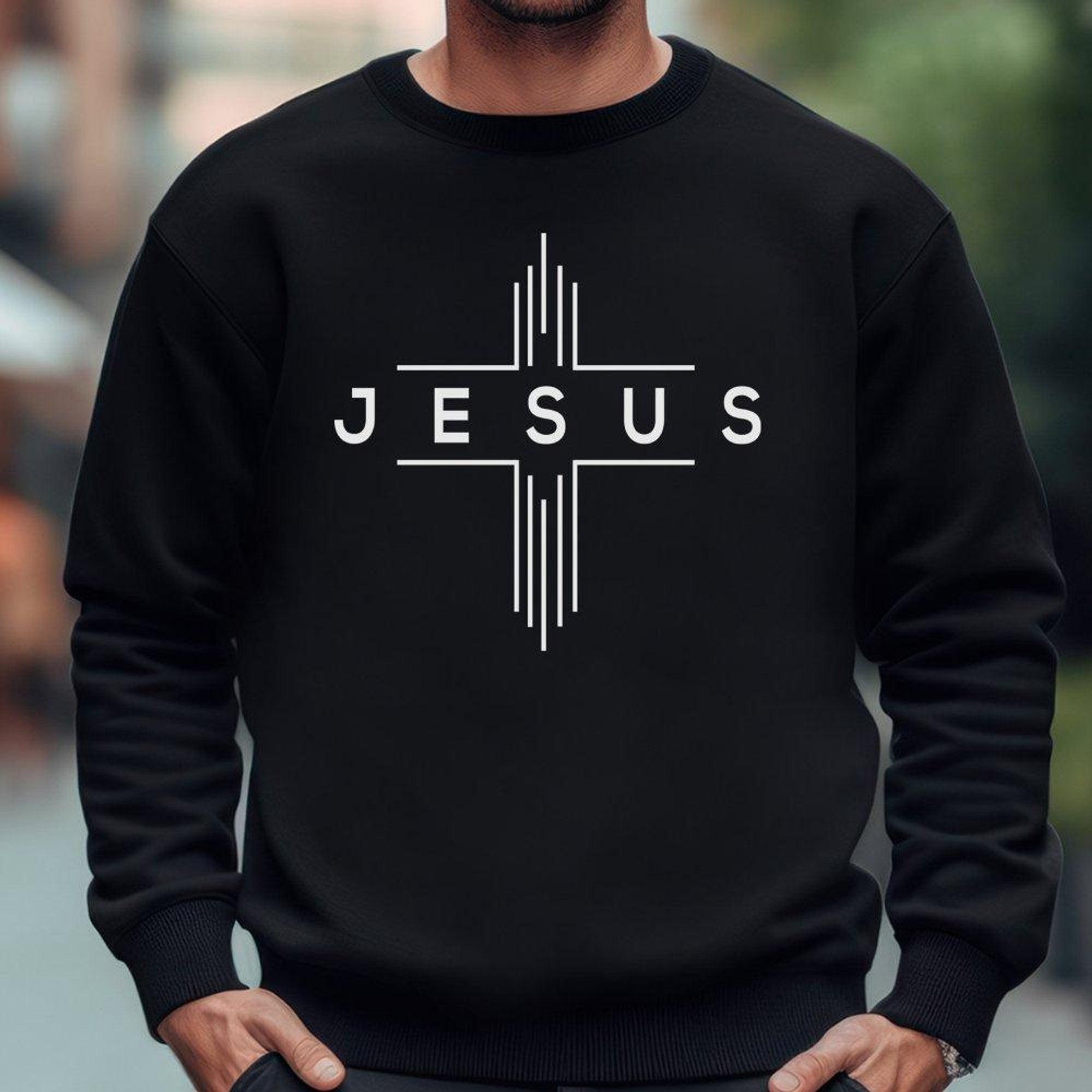 JESUS Modern Cross Men's Unisex - Fit Fleece Sweatshirt - Black - Jesus Passion Apparel