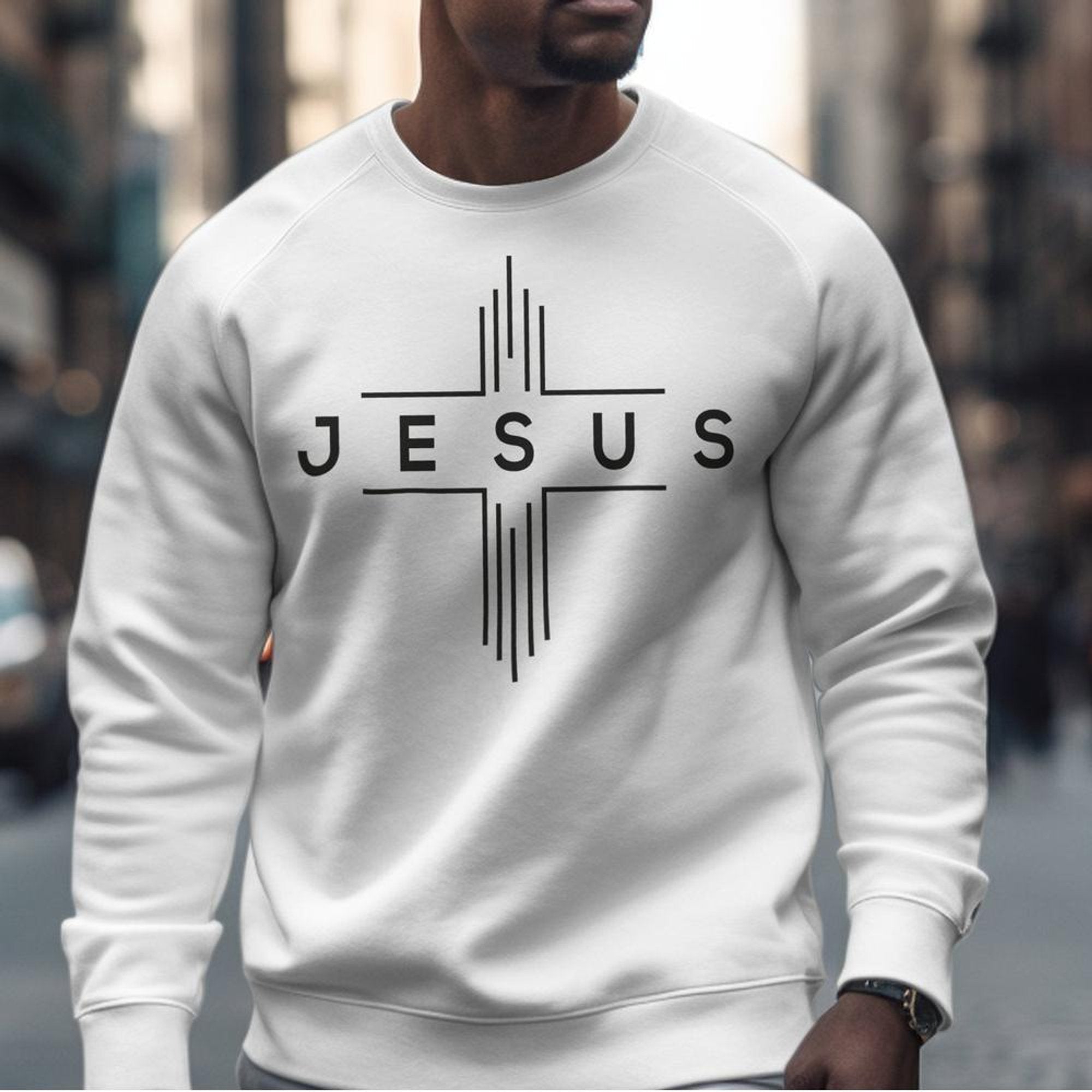 JESUS Modern Cross Men's Unisex - Fit Fleece Sweatshirt - White - Jesus Passion Apparel