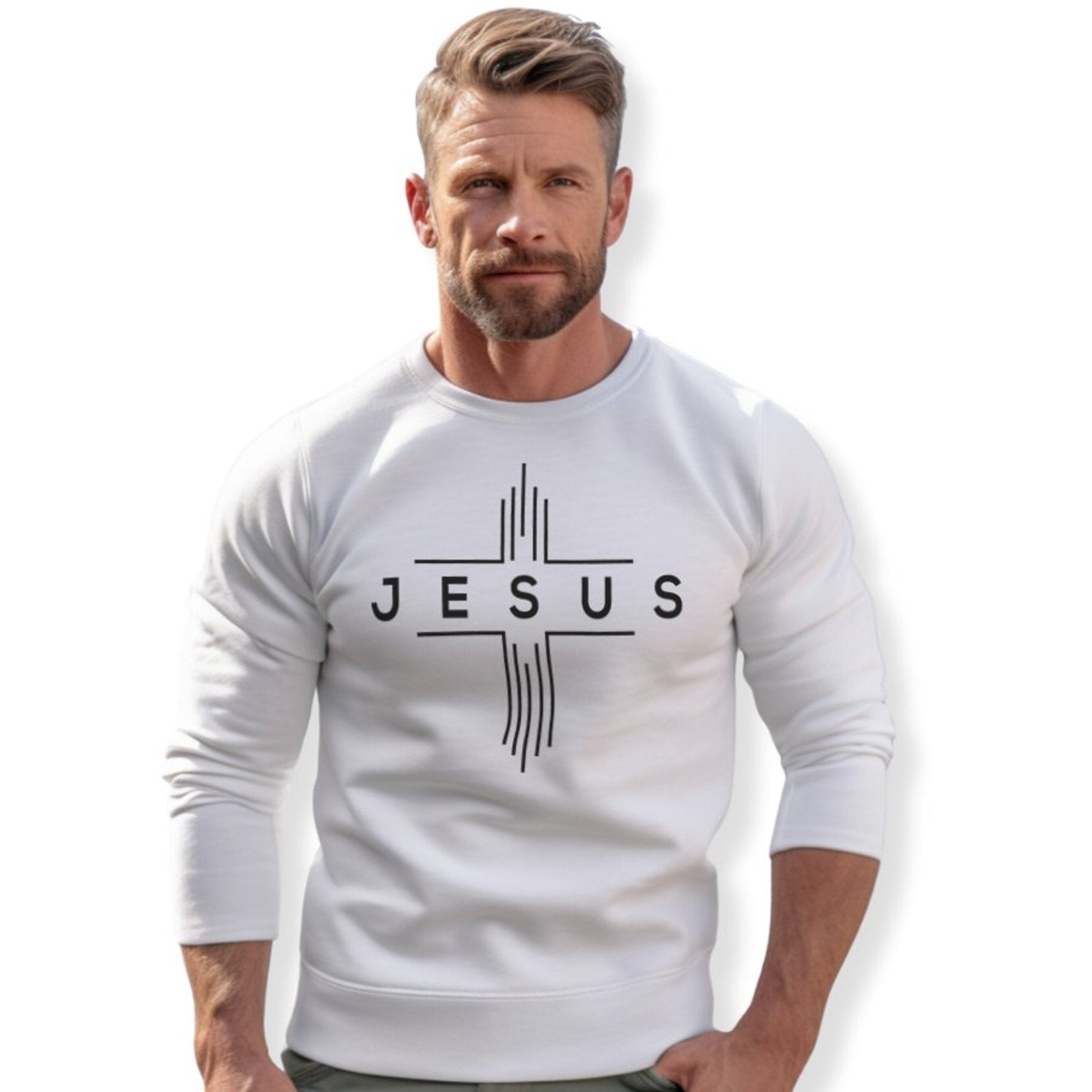 JESUS Modern Cross Men's Unisex - Fit Fleece Sweatshirt - White - Jesus Passion Apparel