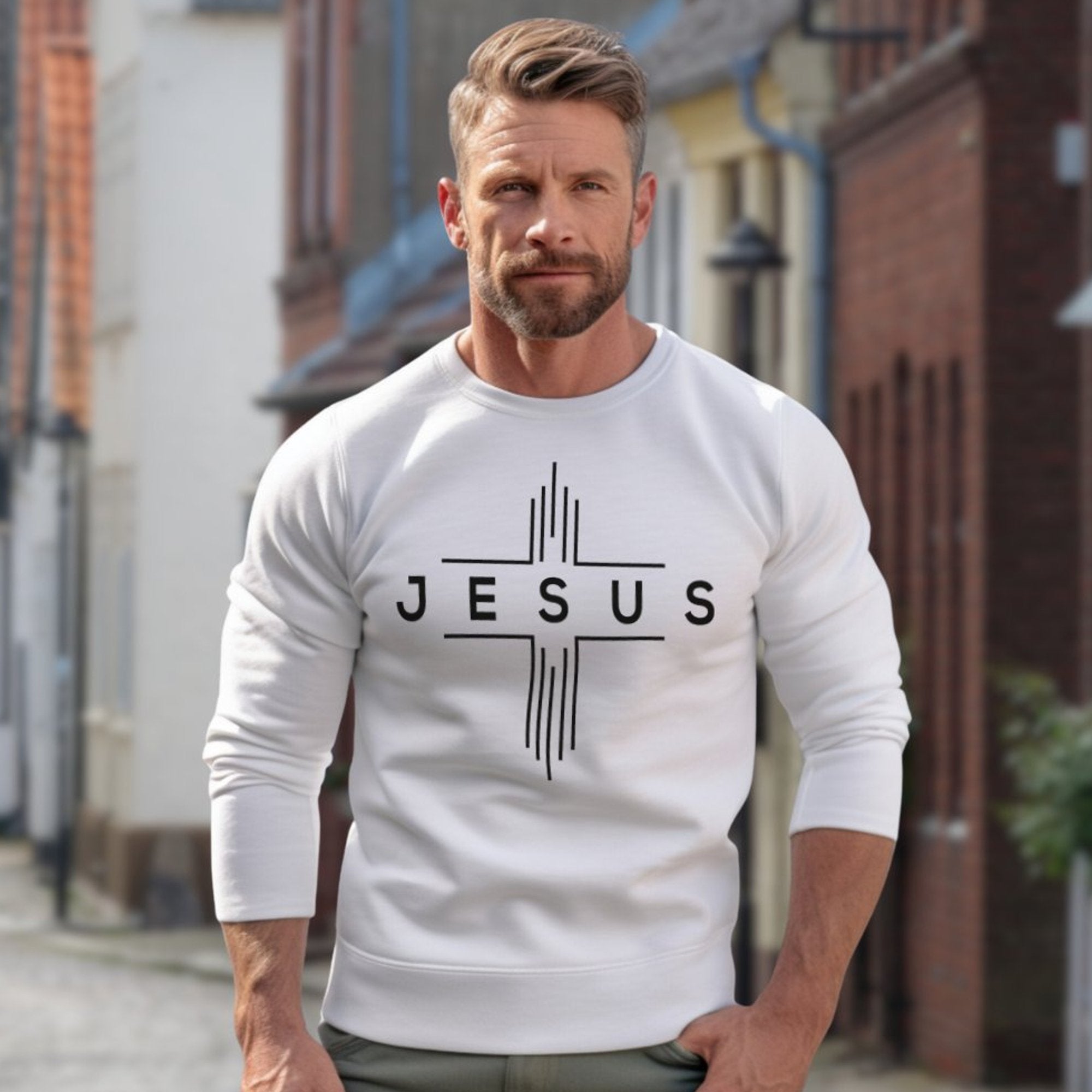 JESUS Modern Cross Men's Unisex - Fit Fleece Sweatshirt - White - Jesus Passion Apparel