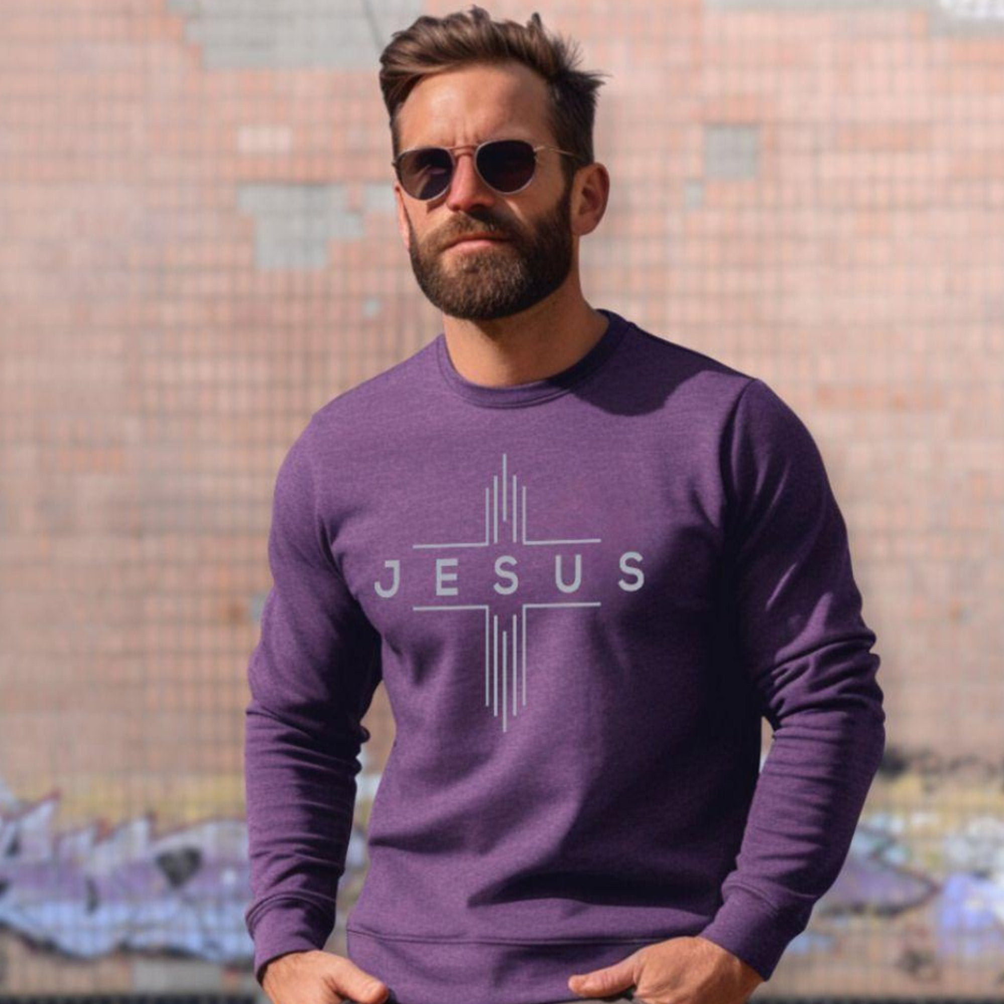 Jesus Modern Cross Silver Men's Unisex - Fit Fleece Sweatshirt - Purple - Jesus Passion Apparel