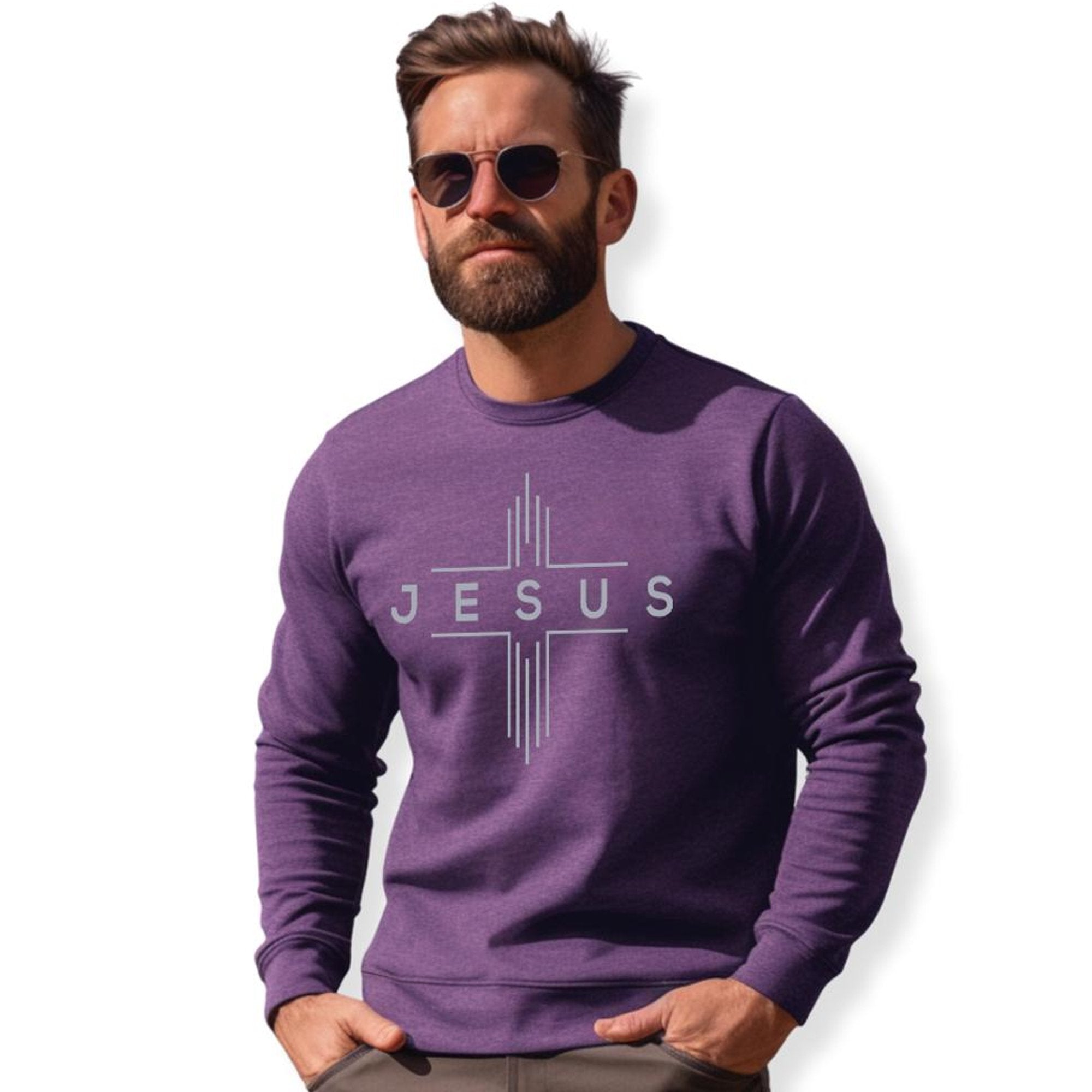 Jesus Modern Cross Silver Men's Unisex - Fit Fleece Sweatshirt - Purple - Jesus Passion Apparel