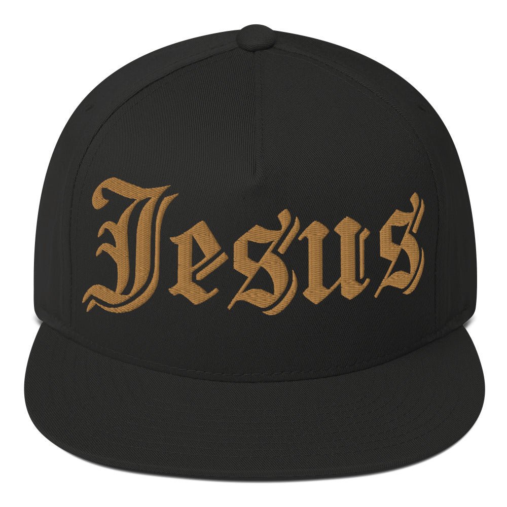 Jesus Tatoo Flat Bill Cap - Black / White with 3D Puff Embroidery - Jesus Passion Apparel