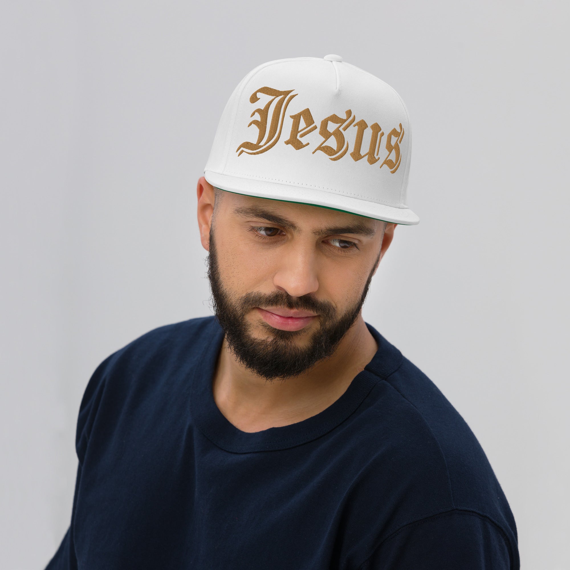 Jesus Tatoo Flat Bill Cap - Black / White with 3D Puff Embroidery - Jesus Passion Apparel