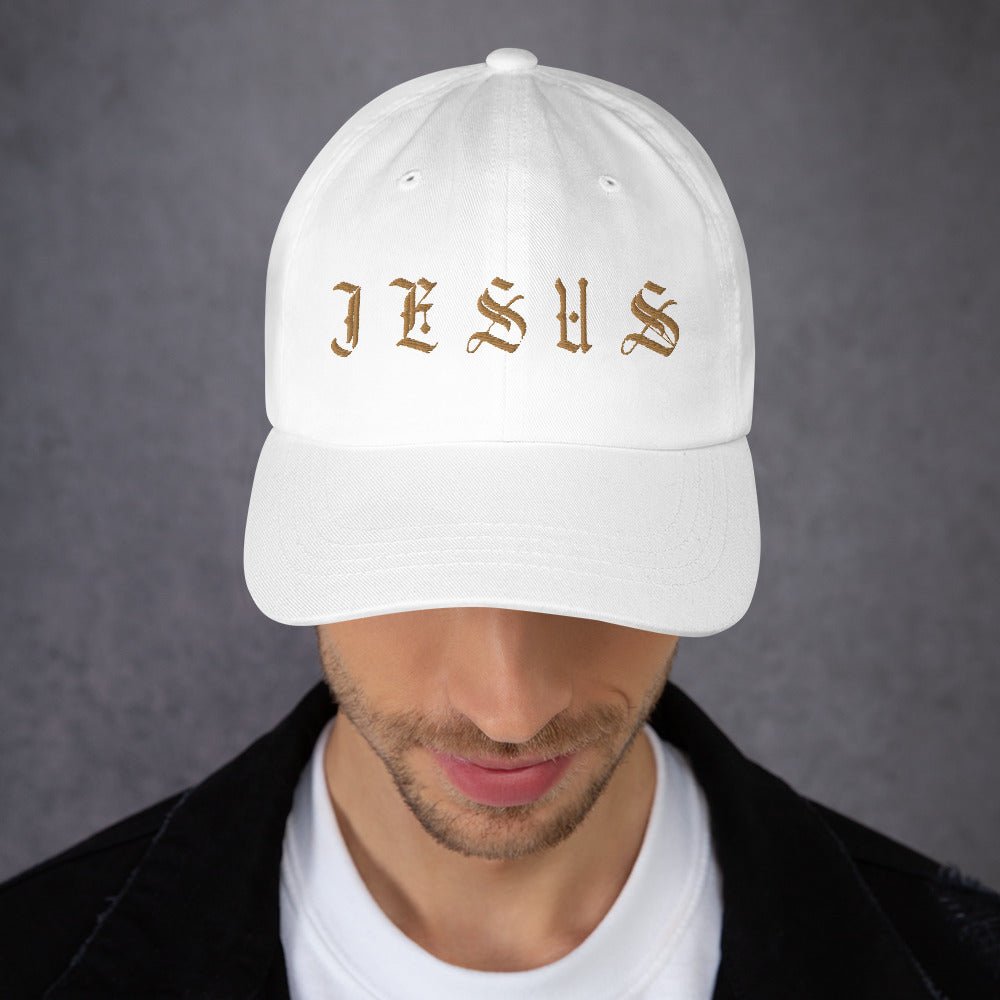 Jesus Tatoo - Inspired Classic Dad's Cap - White with Gold Embroidery - Jesus Passion Apparel