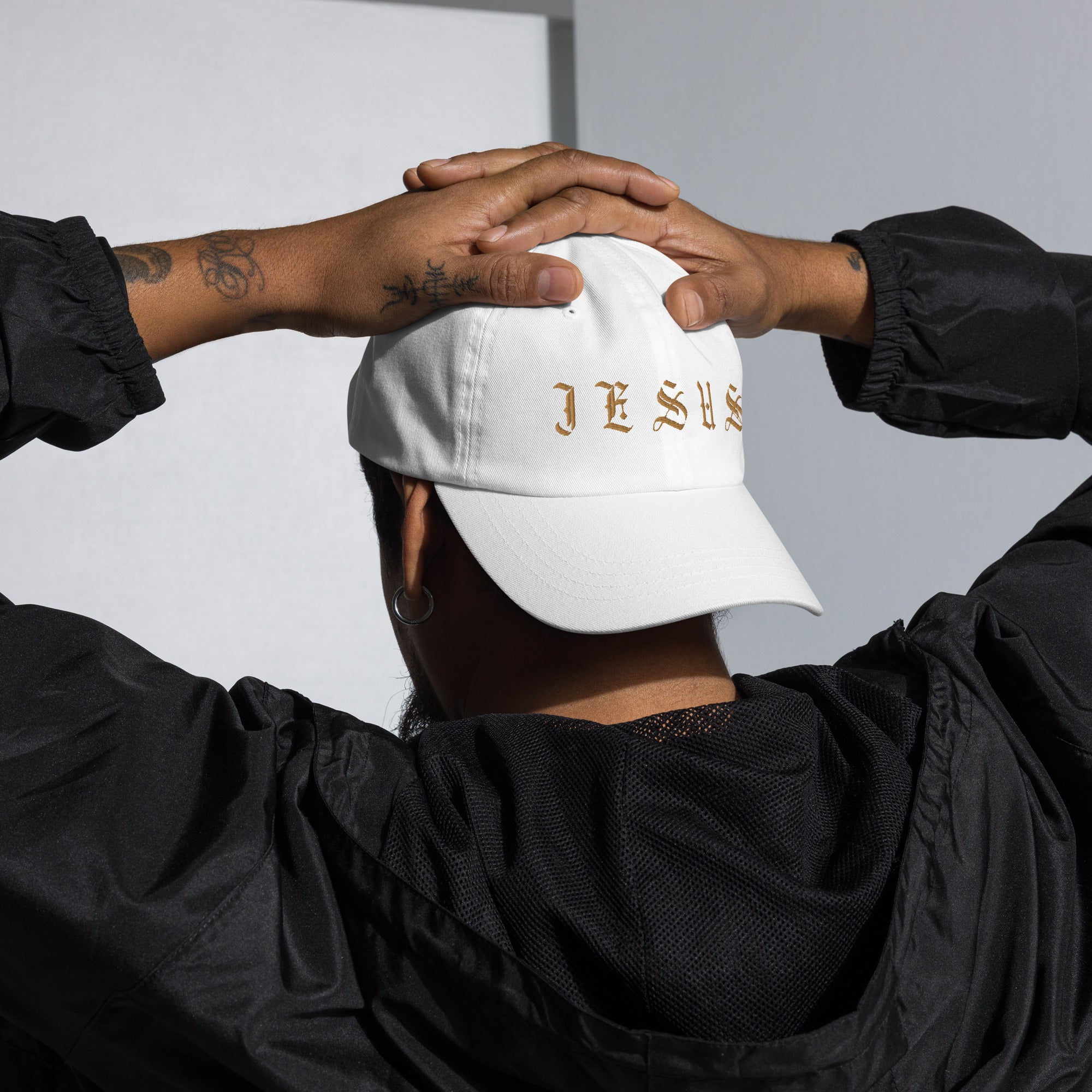 Jesus Tatoo - Inspired Classic Dad's Cap - White with Gold Embroidery - Jesus Passion Apparel