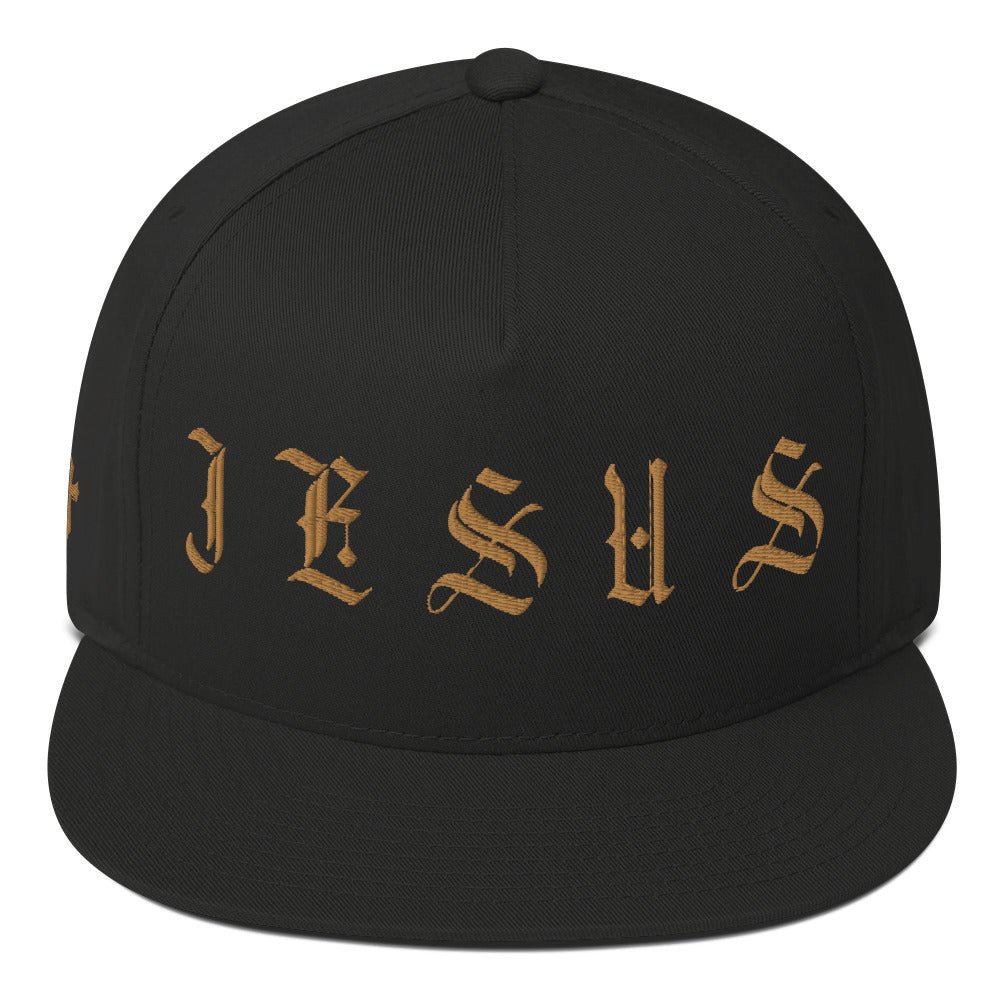 Jesus Tatoo - Inspired Flat Bill Cap with Cross R Side - Black / White with 3D Puff Embroidery - Jesus Passion Apparel