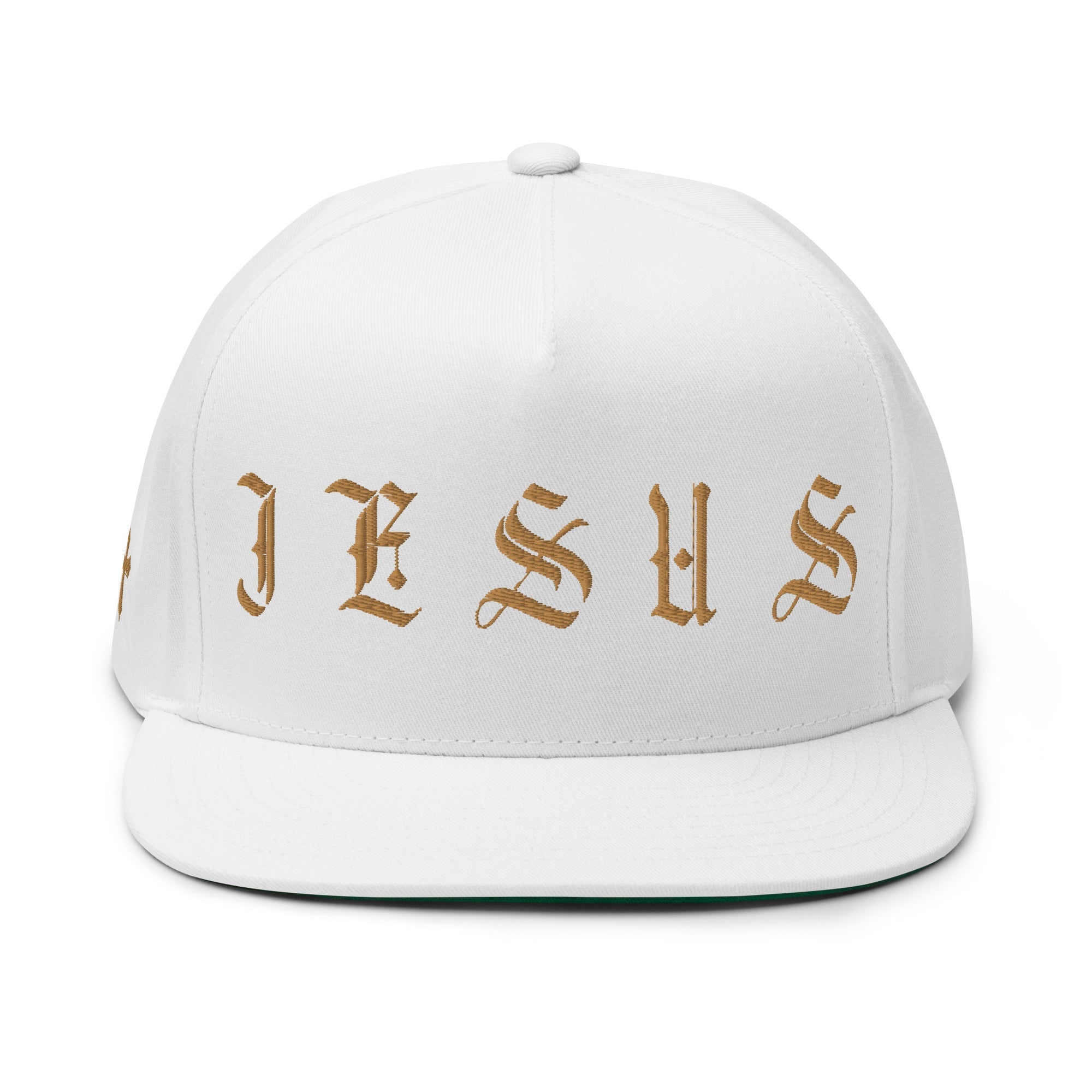 Jesus Tatoo - Inspired Flat Bill Cap with Cross R Side - Black / White with 3D Puff Embroidery - Jesus Passion Apparel