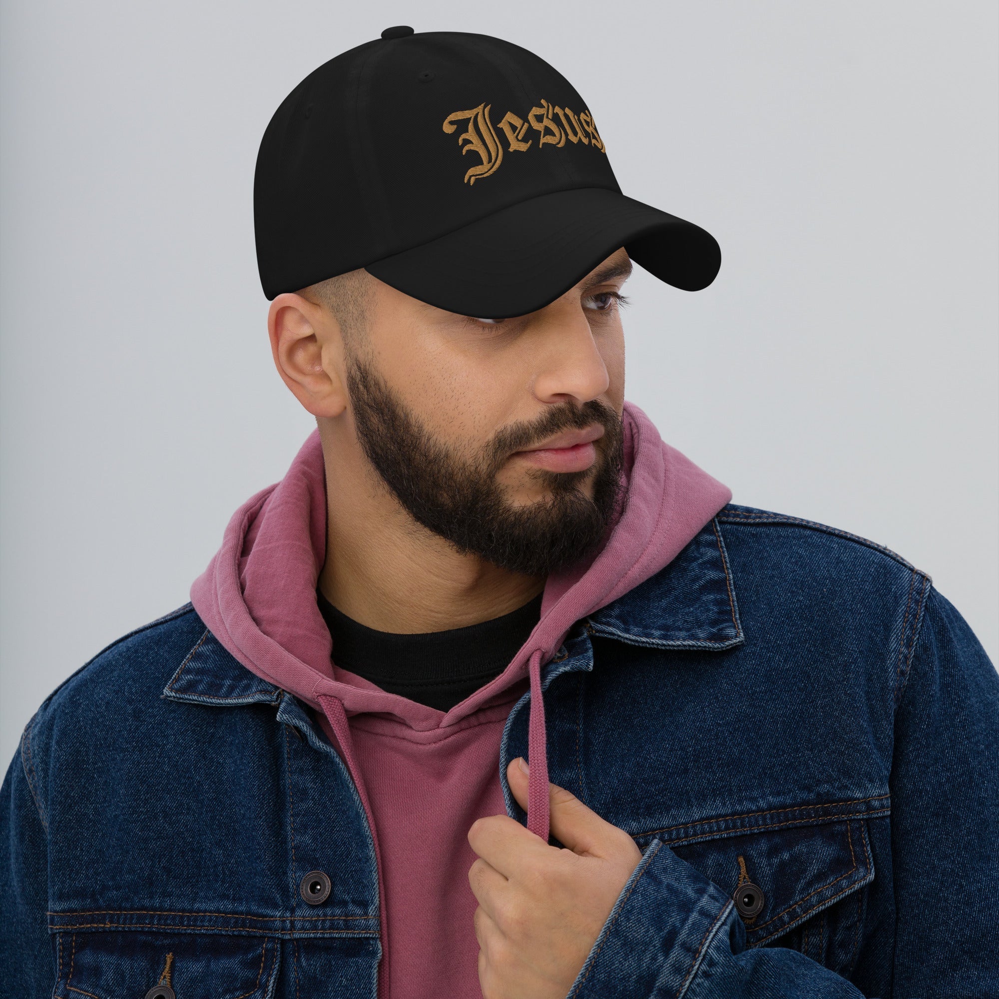 Jesus Tatoo Style Classic Dad's Cap - Black with Gold Embroidery - Jesus Passion Apparel