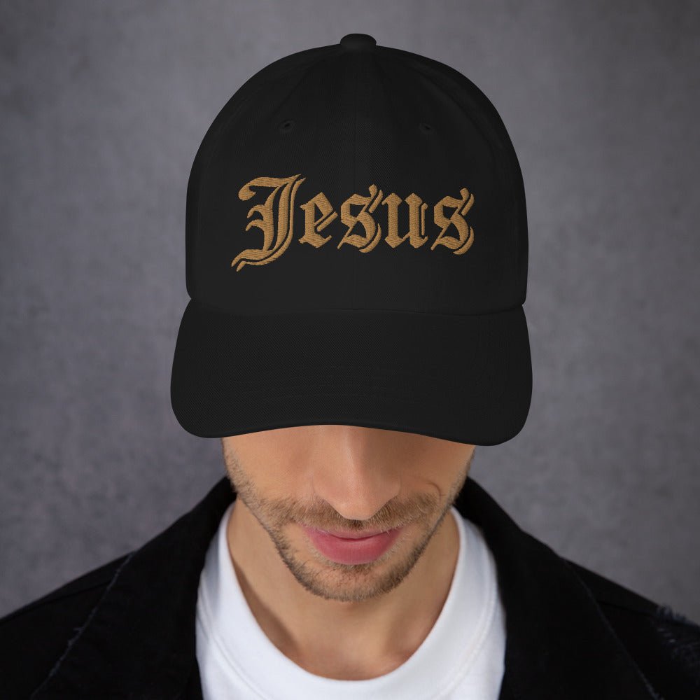 Jesus Tatoo Style Classic Dad's Cap - Black with Gold Embroidery - Jesus Passion Apparel