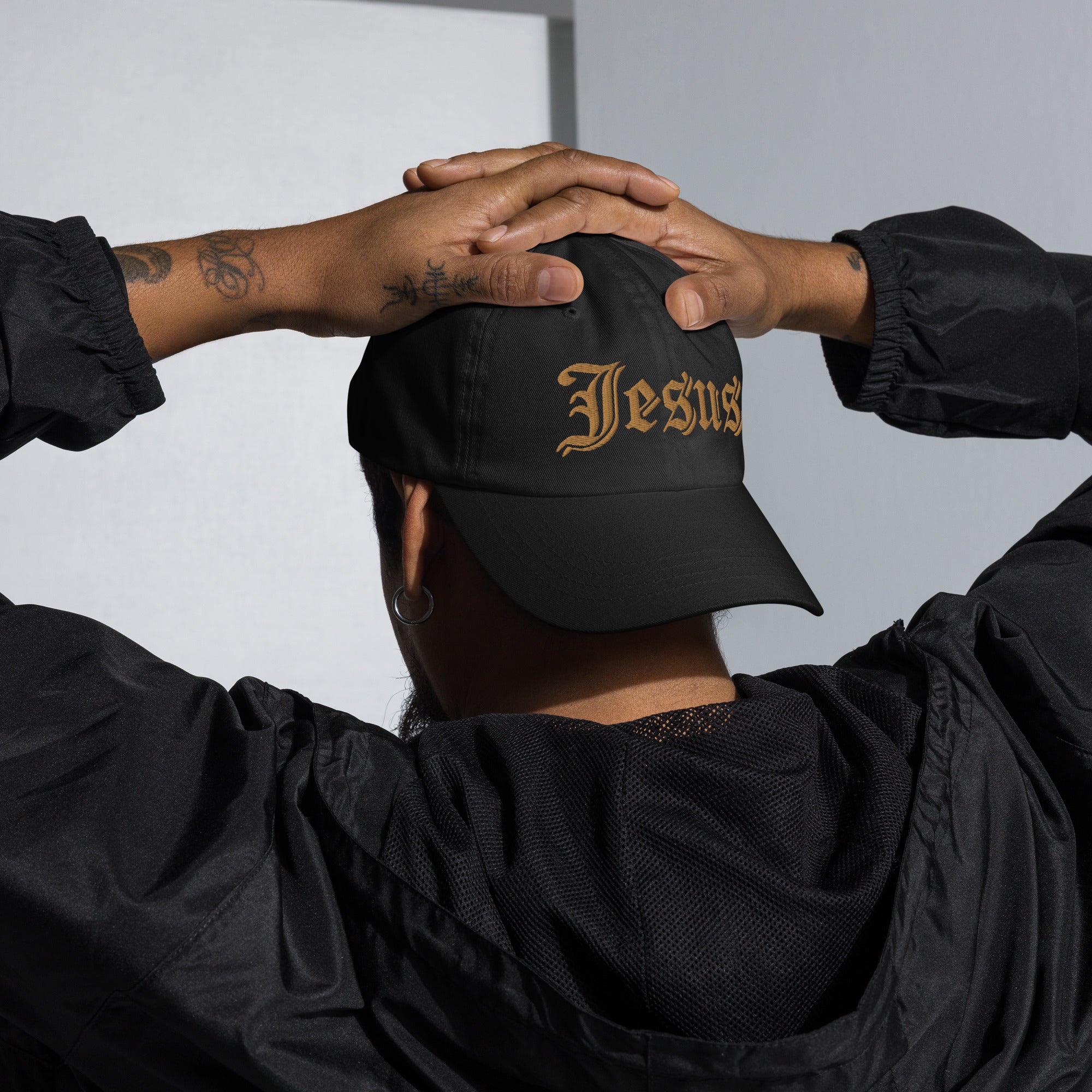 Jesus Tatoo Style Classic Dad's Cap - Black with Gold Embroidery - Jesus Passion Apparel