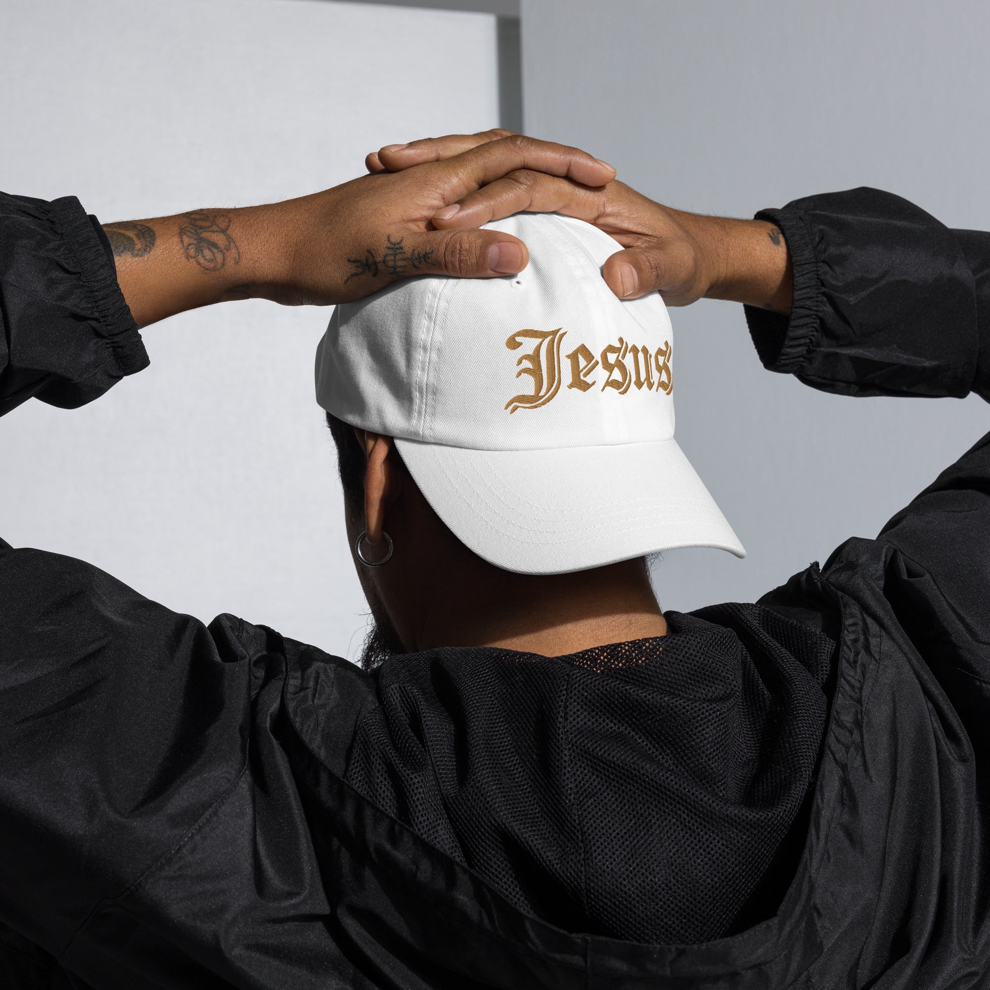 Jesus Tatoo Style Classic Dad's Cap - White with Gold Embroidery - Jesus Passion Apparel