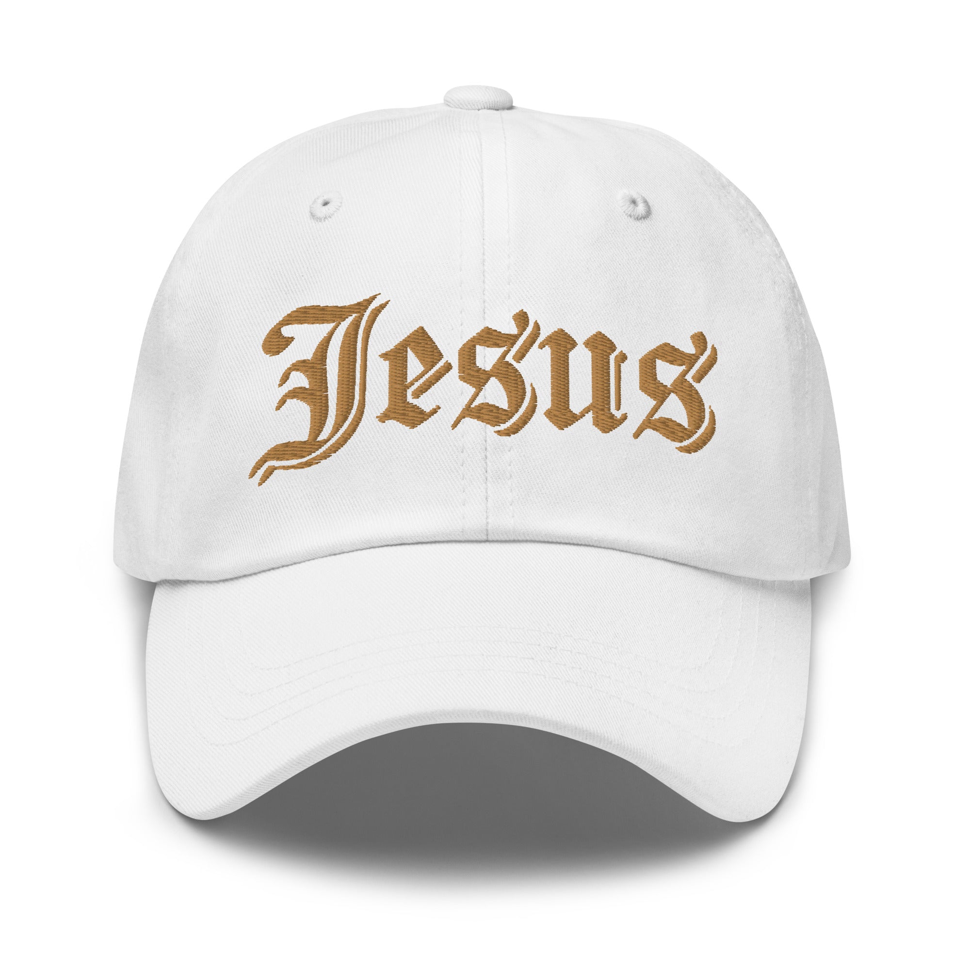 Jesus Tatoo Style Classic Dad's Cap - White with Gold Embroidery - Jesus Passion Apparel