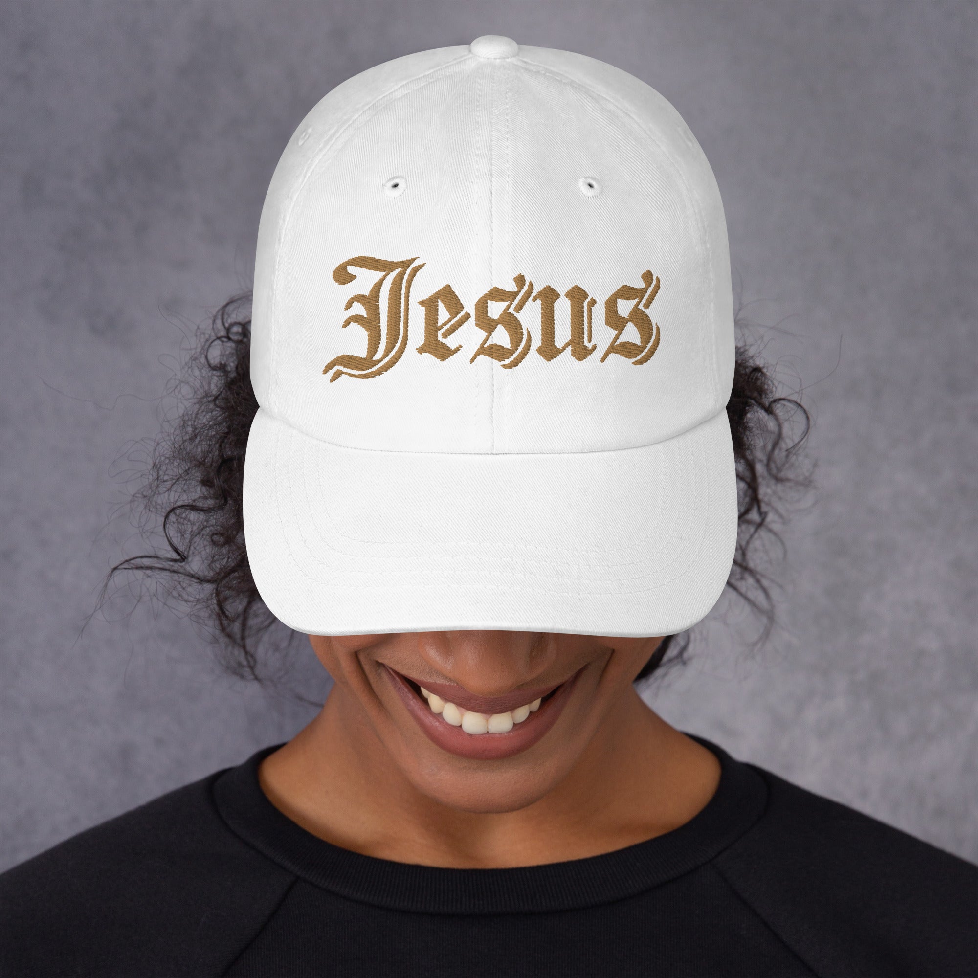 Jesus Tatoo Style Classic Dad's Cap - White with Gold Embroidery - Jesus Passion Apparel