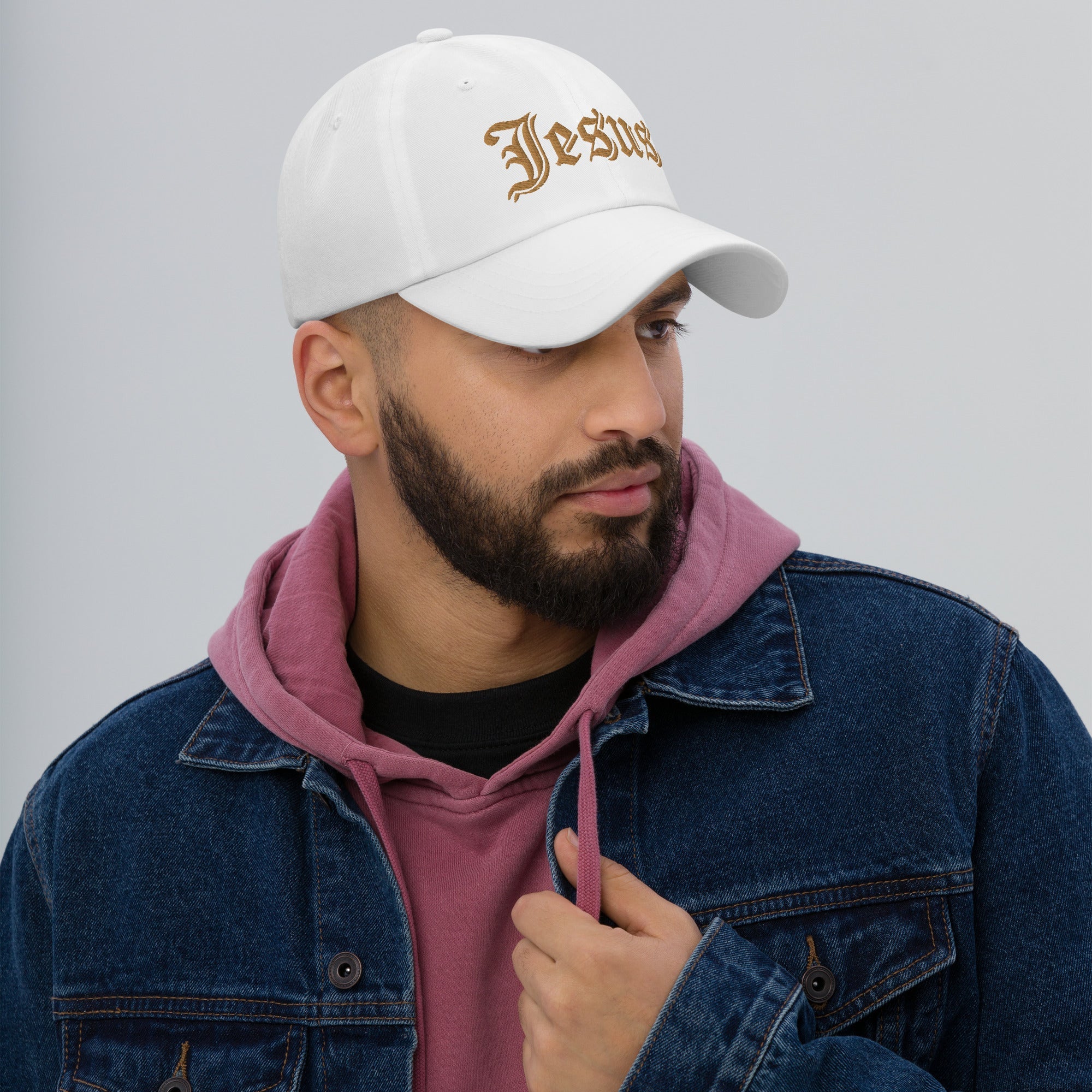 Jesus Tatoo Style Classic Dad's Cap - White with Gold Embroidery - Jesus Passion Apparel