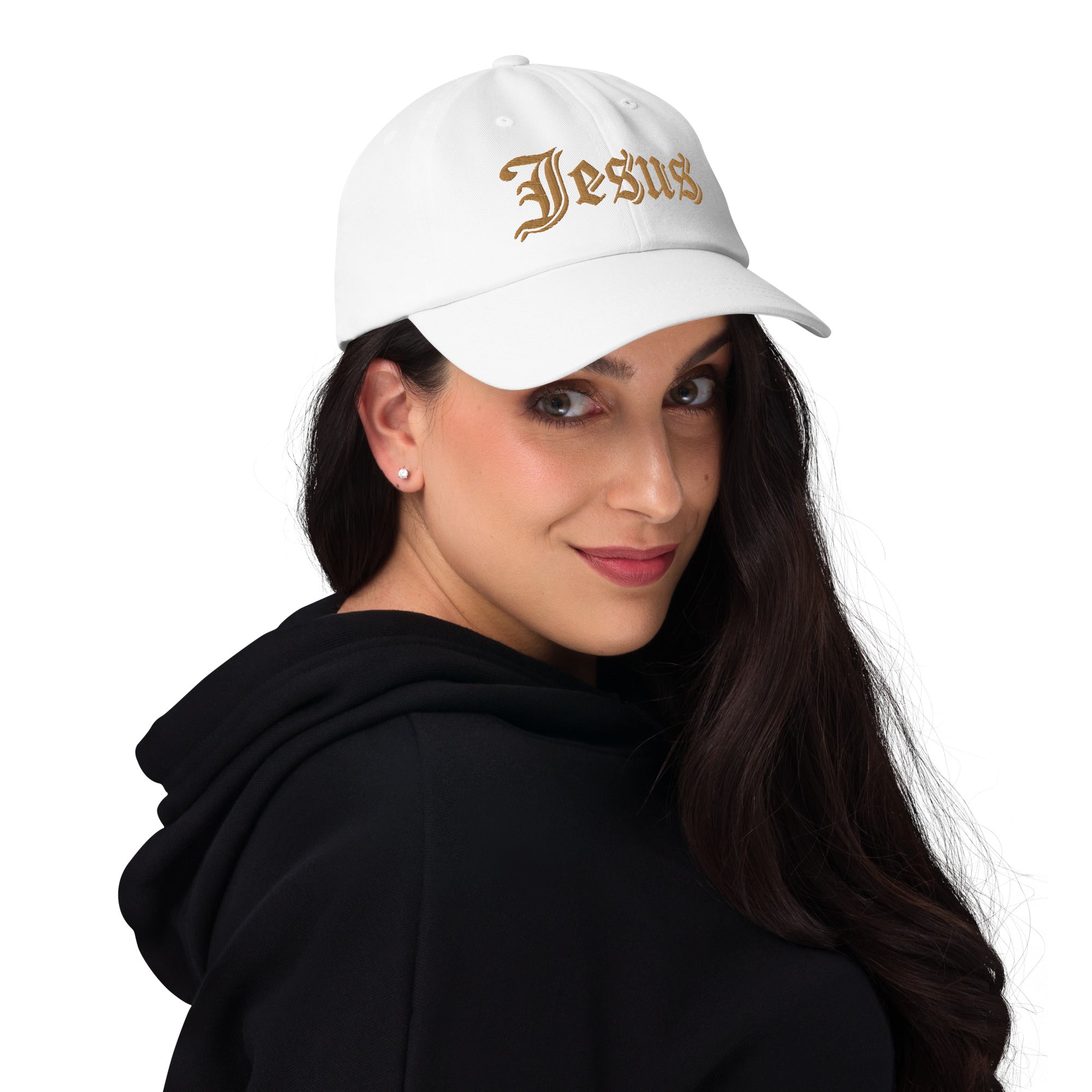 Jesus Tatoo Style Classic Dad's Cap - White with Gold Embroidery - Jesus Passion Apparel