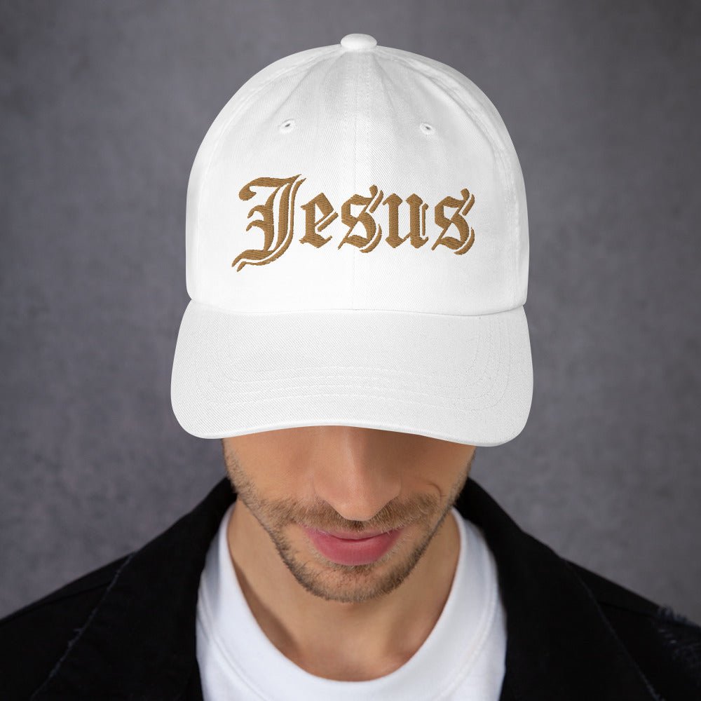 Jesus Tatoo Style Classic Dad's Cap - White with Gold Embroidery - Jesus Passion Apparel