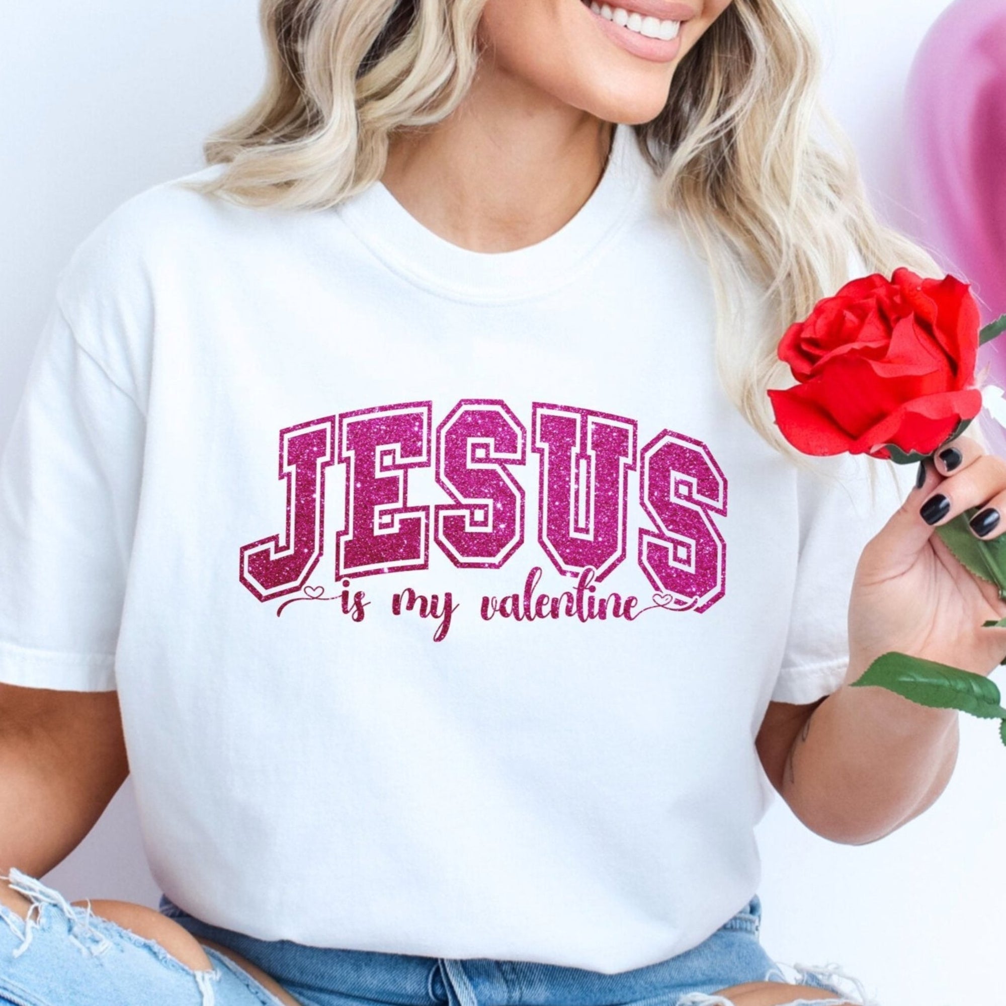 Jesus Valentine Pink Glitter Unisex Jersey Short Sleeve Tee - White - Jesus Passion Apparel