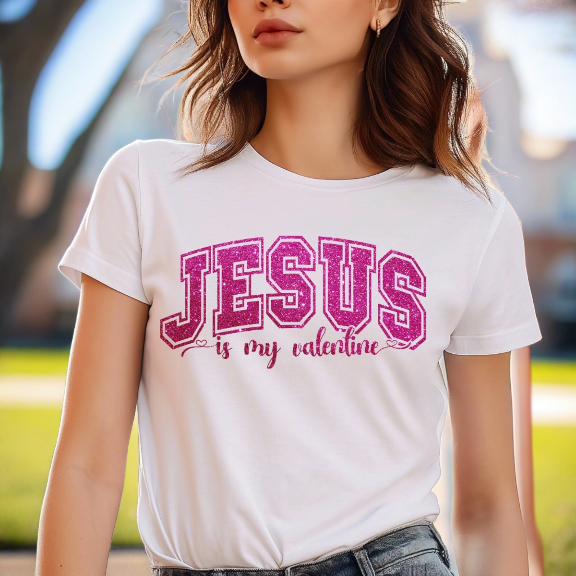 Jesus Valentine Pink Glitter Unisex Jersey Short Sleeve Tee - White - Jesus Passion Apparel