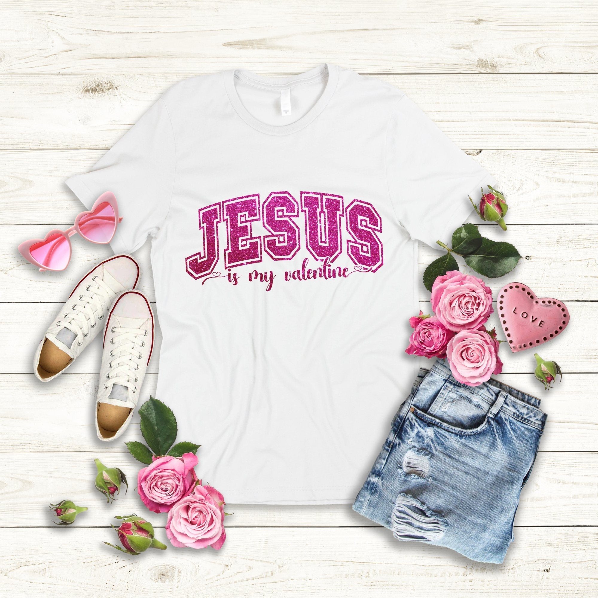 Jesus Valentine Pink Glitter Unisex Jersey Short Sleeve Tee - White - Jesus Passion Apparel