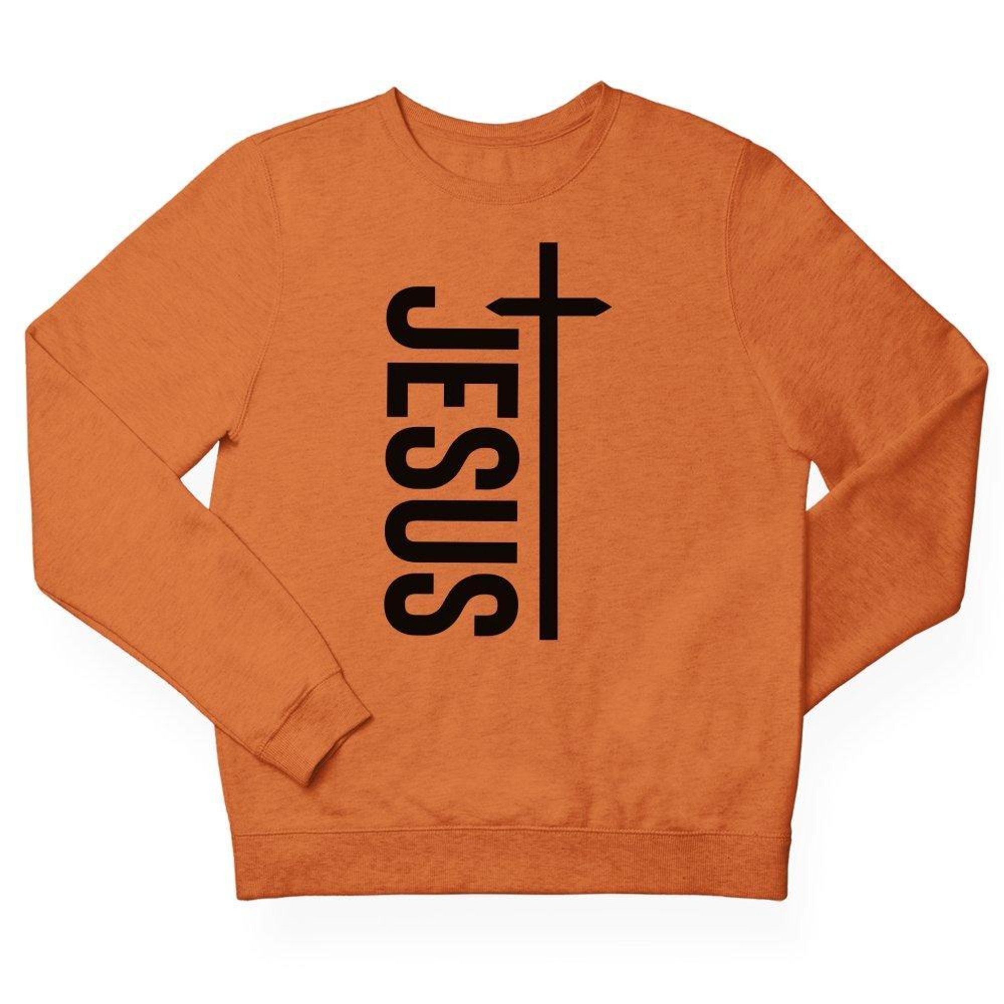 Jesus Vertical Cross Men's Unisex - Fit Fleece Sweatshirt - Orange - Jesus Passion Apparel