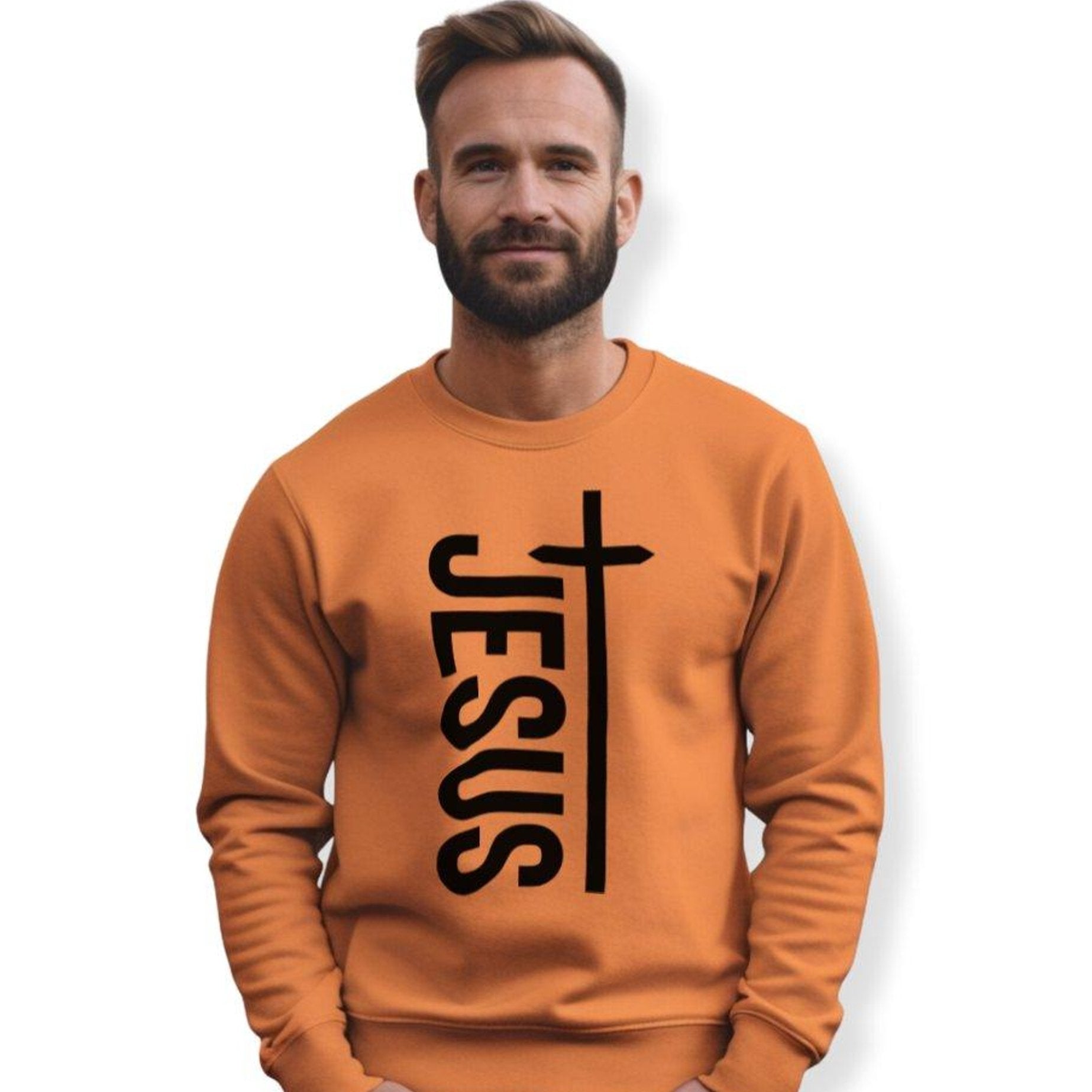 Jesus Vertical Cross Men's Unisex - Fit Fleece Sweatshirt - Orange - Jesus Passion Apparel