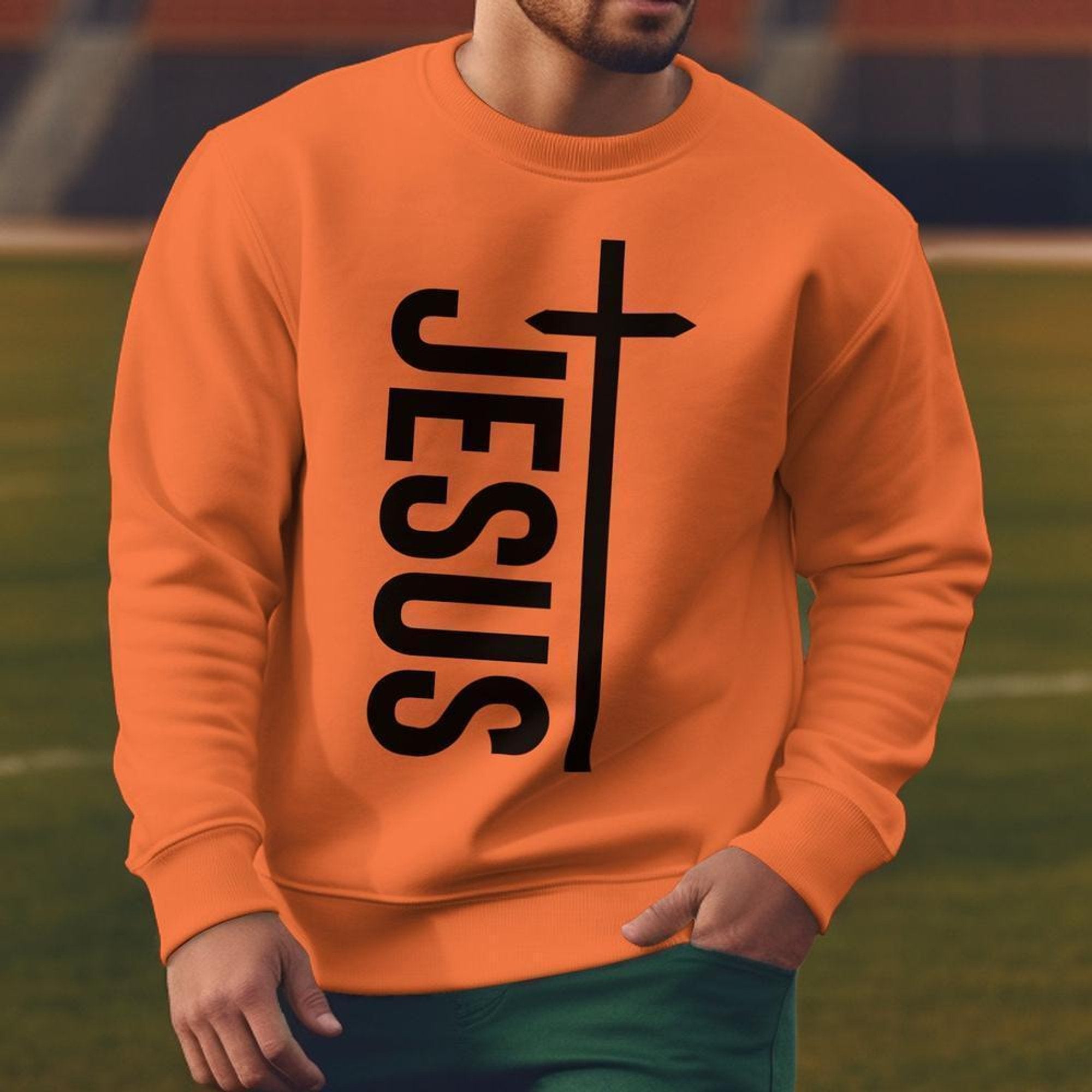 Jesus Vertical Cross Men's Unisex - Fit Fleece Sweatshirt - Orange - Jesus Passion Apparel