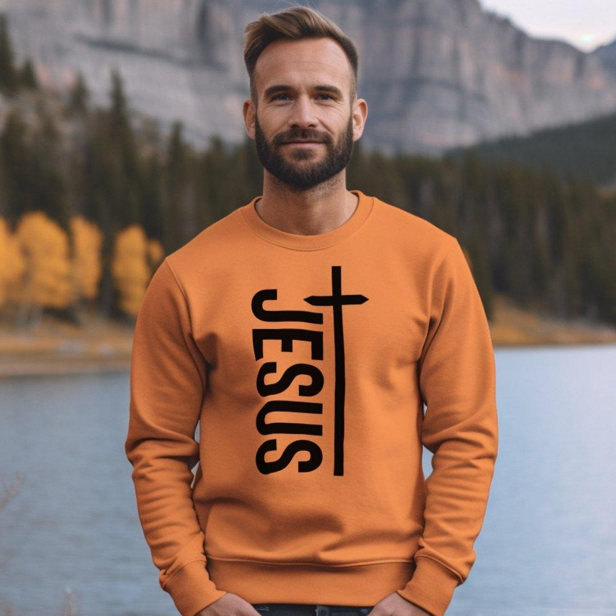 Jesus Vertical Cross Men's Unisex - Fit Fleece Sweatshirt - Orange - Jesus Passion Apparel