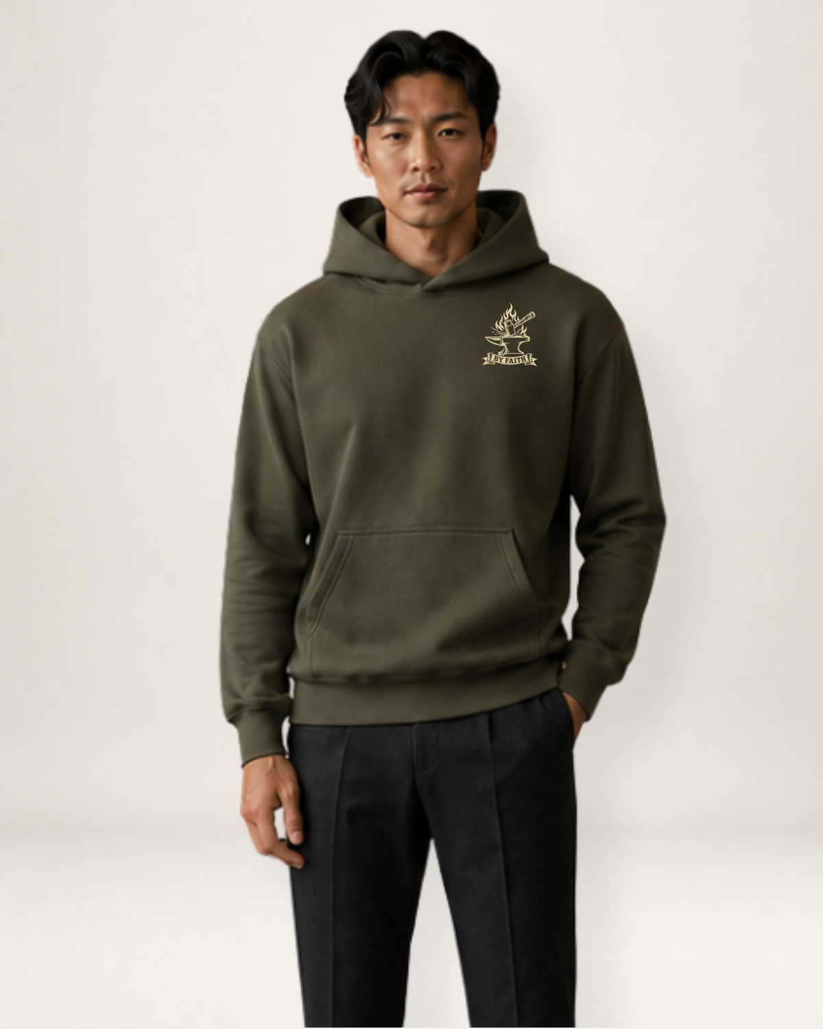 Back view of Forged By Faith Hoodie in cypress green.