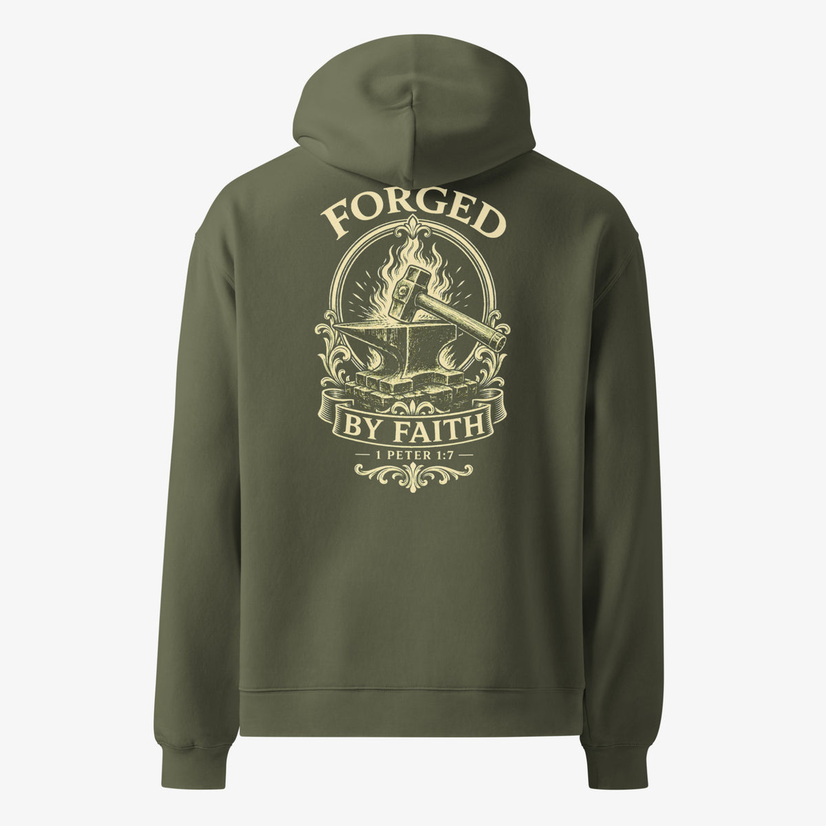 Back view of Forged By Faith Hoodie.