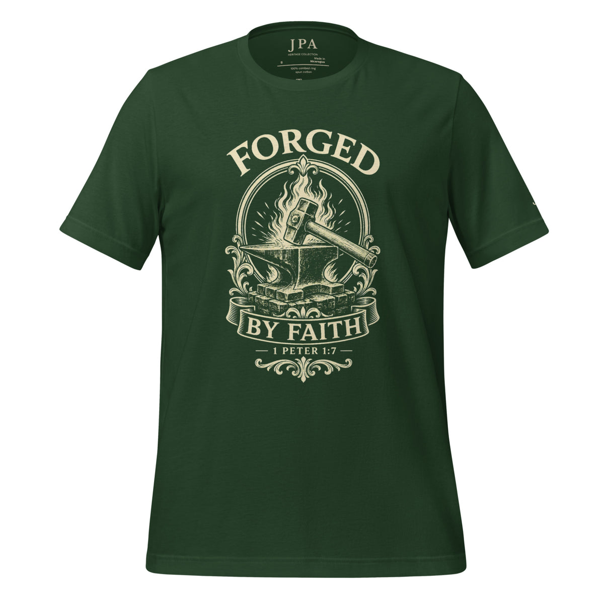 Front view of Forged By Faith Tee.