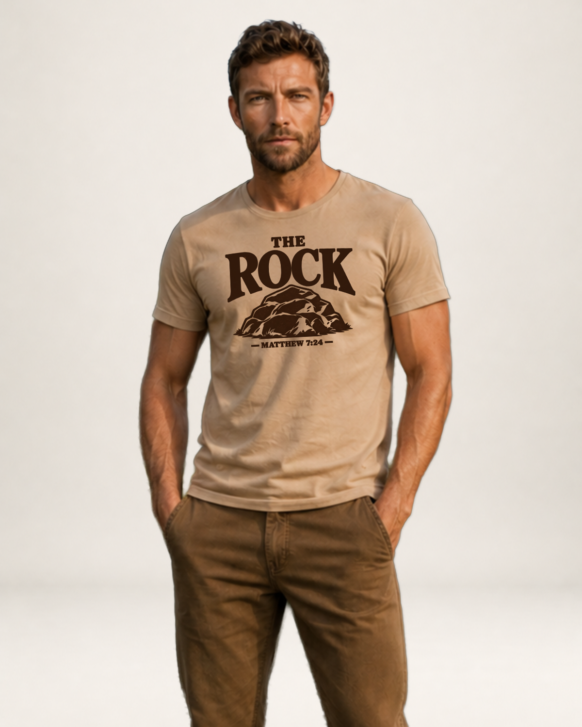 Back view of The Rock Tee in tan.